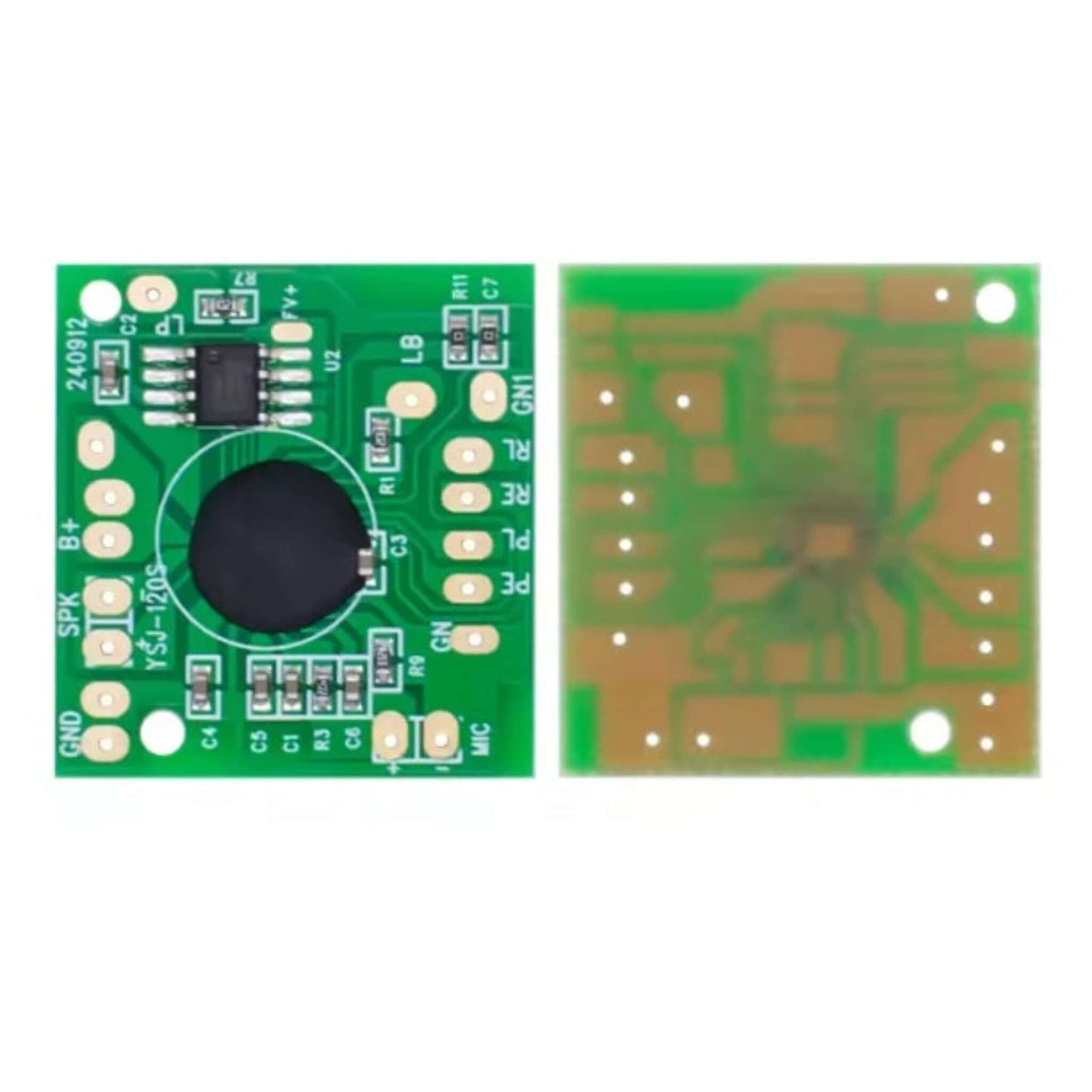 Front and back view of a compact green circuit board for a 120-second audio recording and playback module.