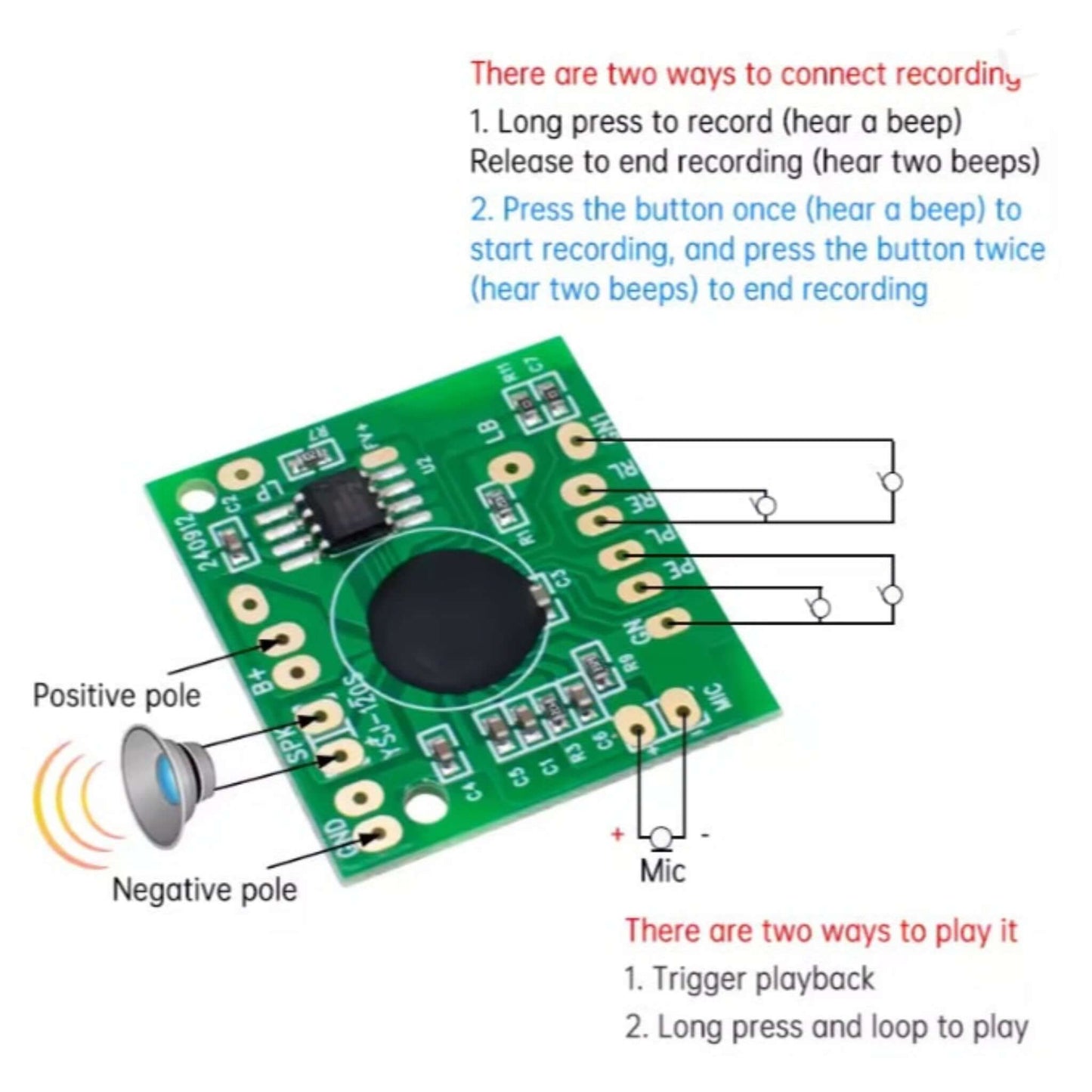 Circuit board schematic of a 120-second voice recorder sound module for electronic toys, showing connections.