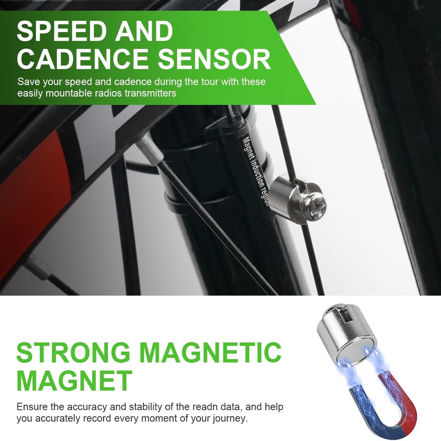 Close-up of the bicycle speedometer's wireless speed and cadence sensor with a strong magnetic transmitter.