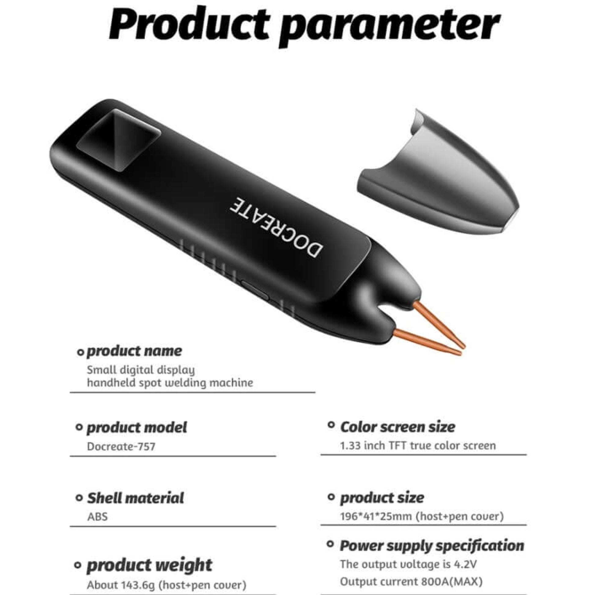 DO CREATE handheld spot welder with product specifications for battery repairs and DIY projects.