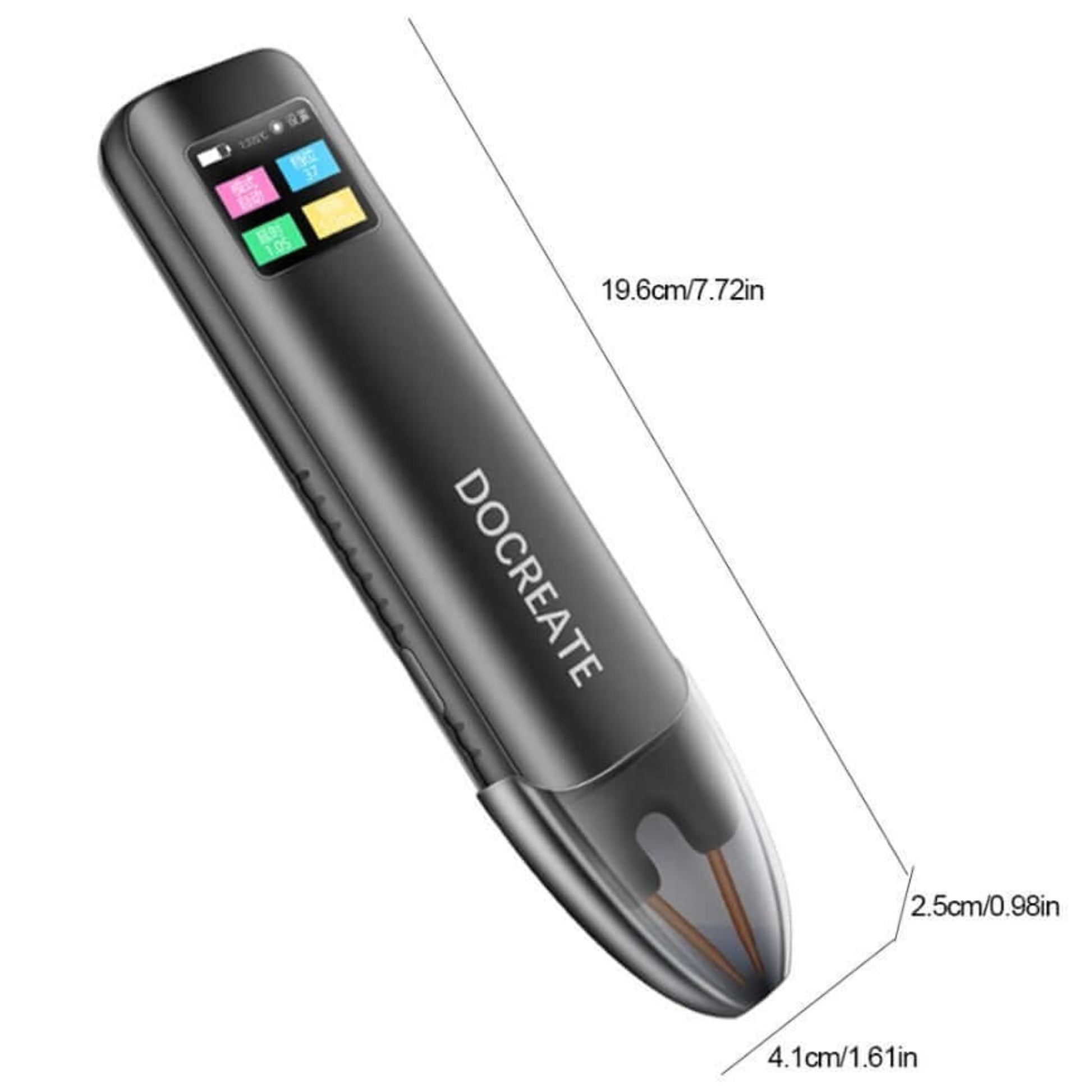 DO CREATE portable handheld spot welder for 18650 batteries with dimensions and buttons for efficient welding.