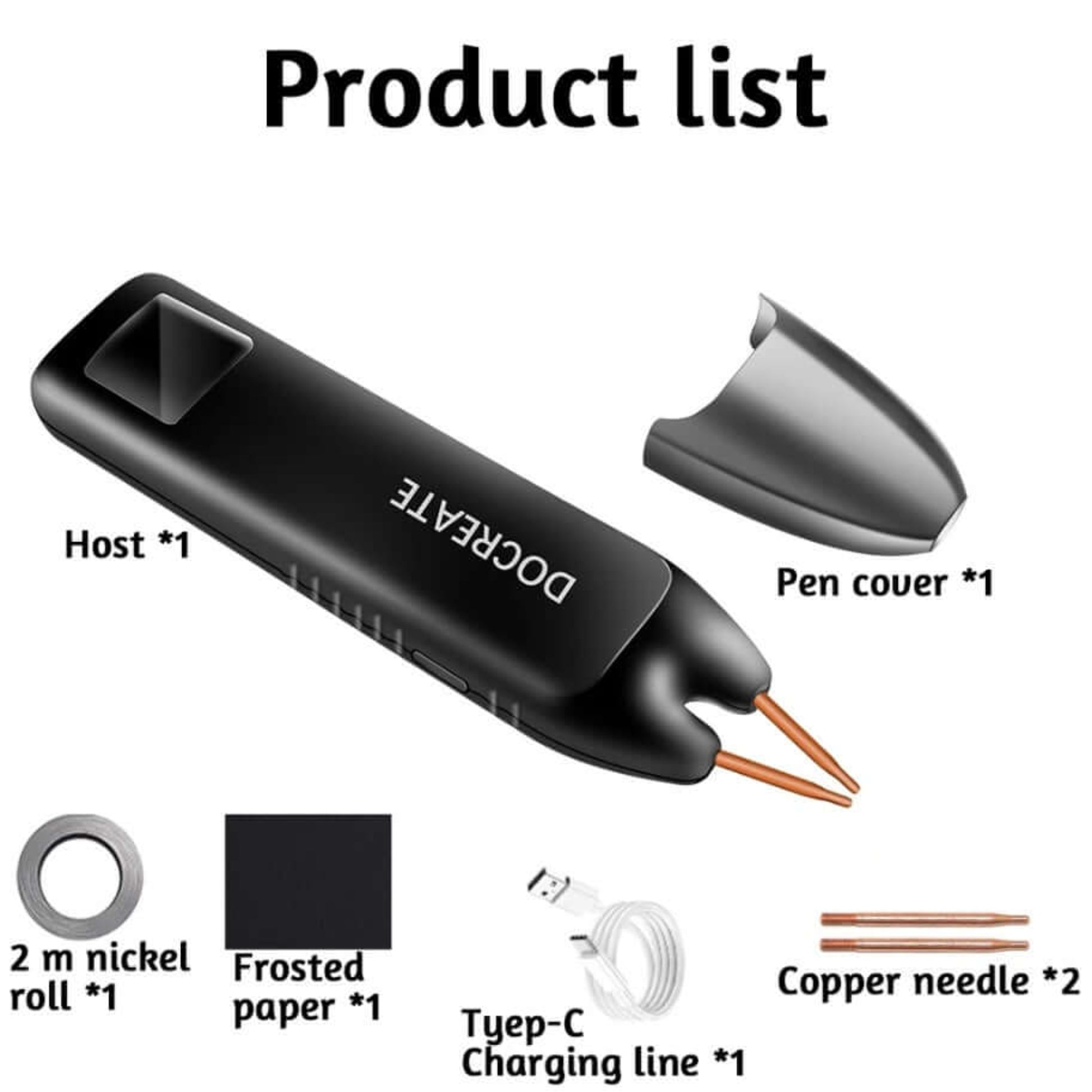 Product components for DO CREATE Portable Handheld Spot Welder, including host, pen cover, nickel roll, and charging cable.