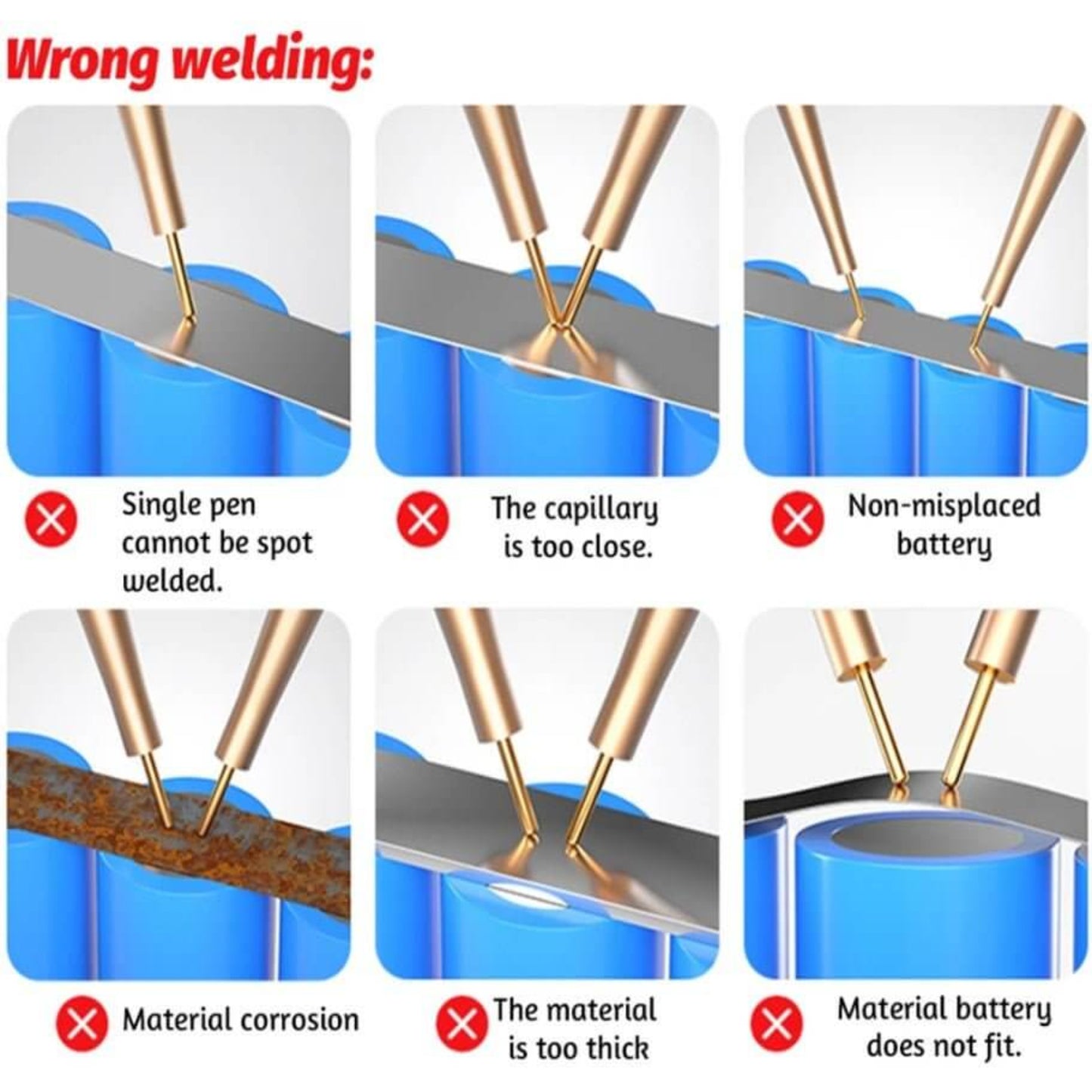 Visual guide showing common mistakes in spot welding for battery repairs with clear error indications.