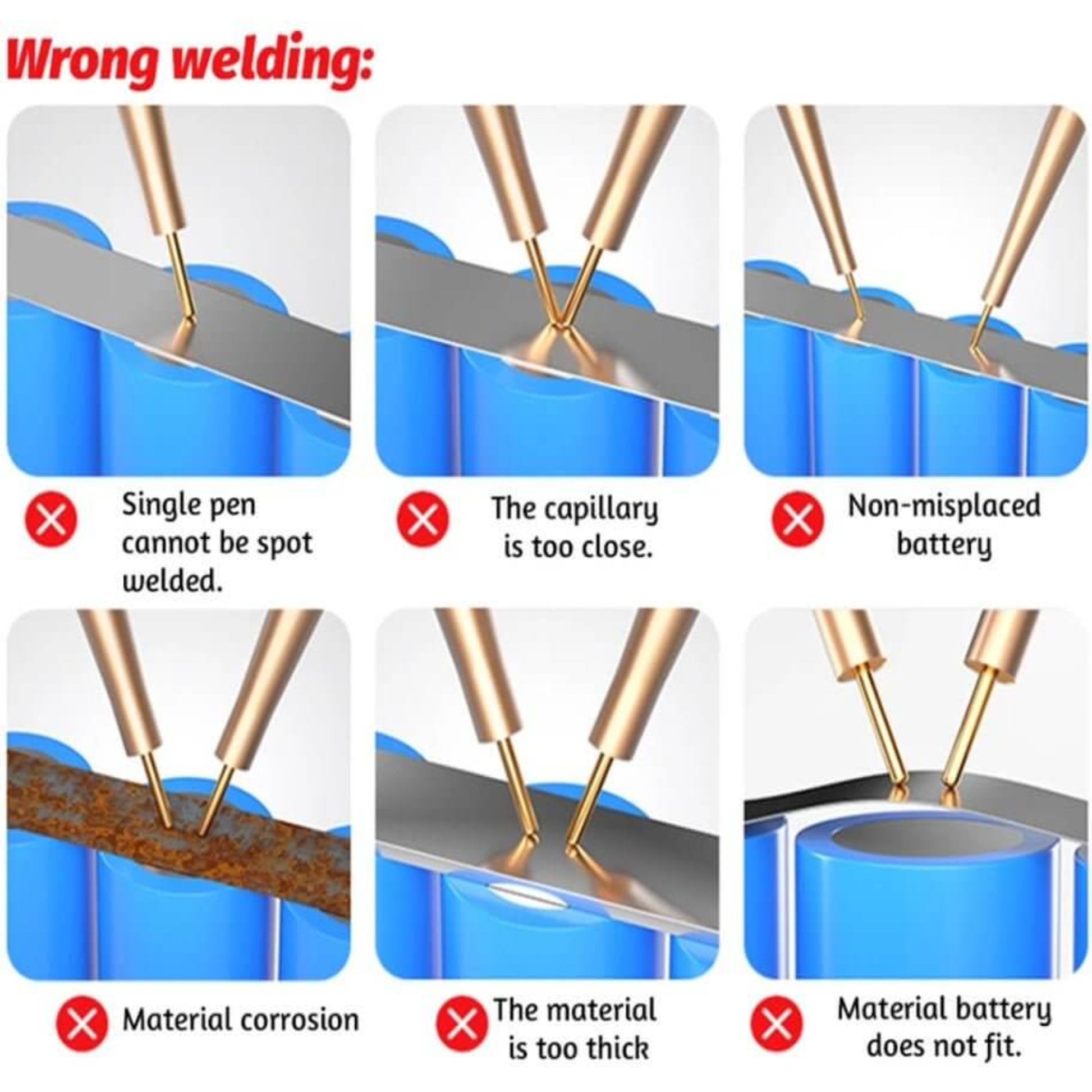 Visual guide showing common mistakes in spot welding for battery repairs with clear error indications.