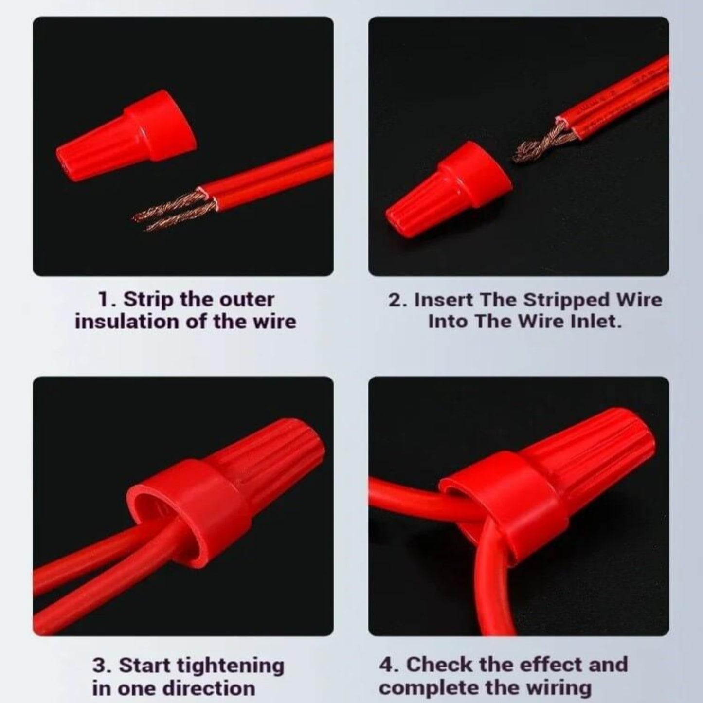 Simple 4-step guide for installing screw-type wire crimping caps, showing stripping, insertion, tightening, and checking.