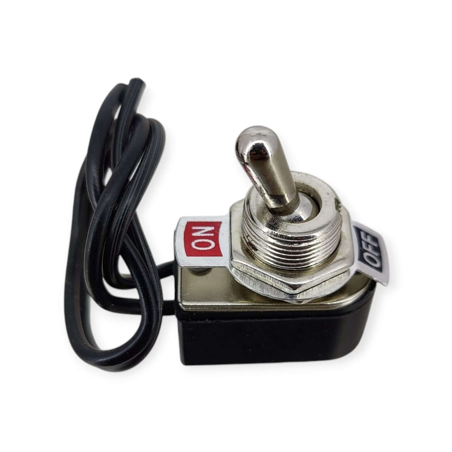Pre-wired SPST toggle switch in the ON position, showing the red 'ON' label and mounting hardware.