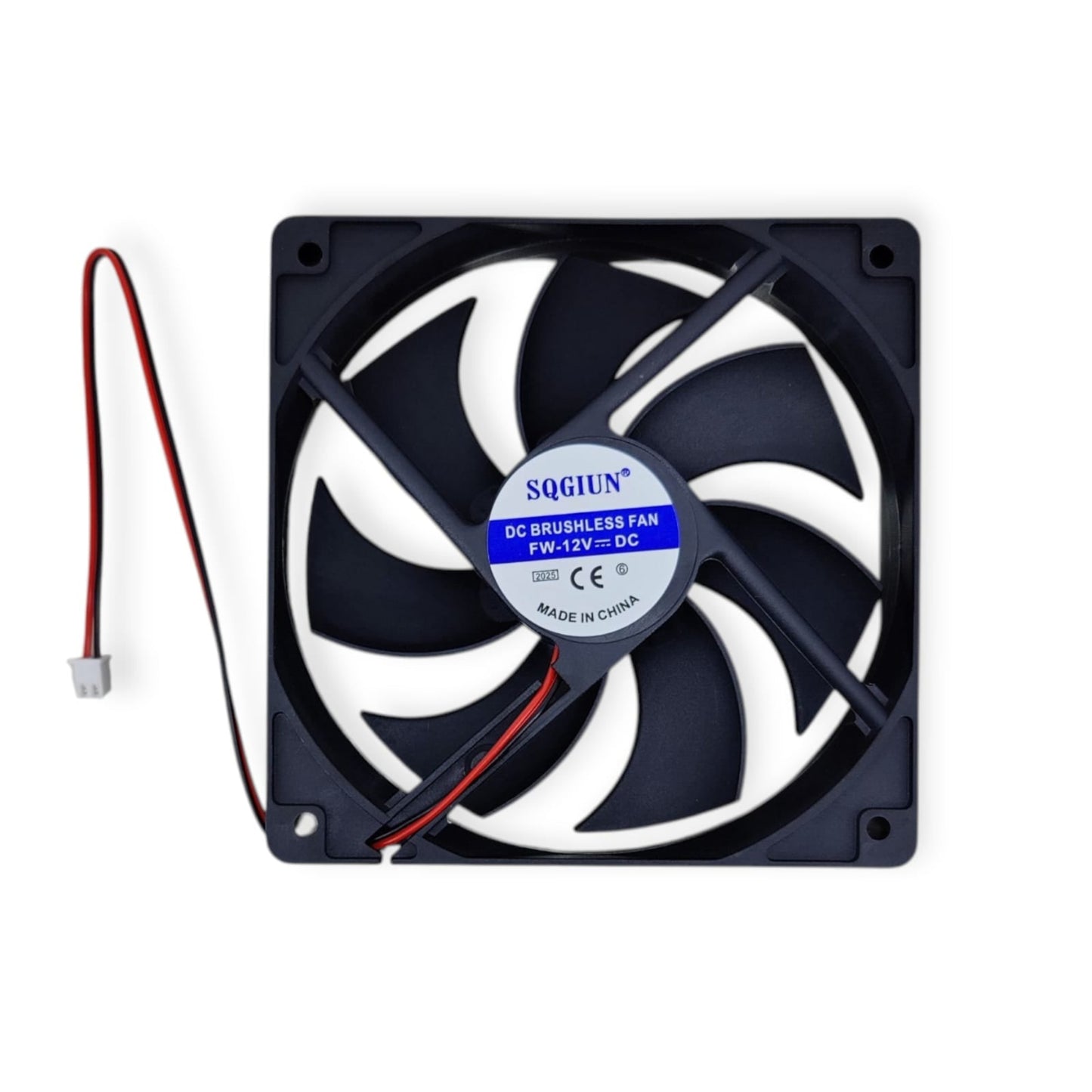 Top-down view of a black SQGIUN 120mm 12V DC brushless fan showing the brand sticker on the hub.