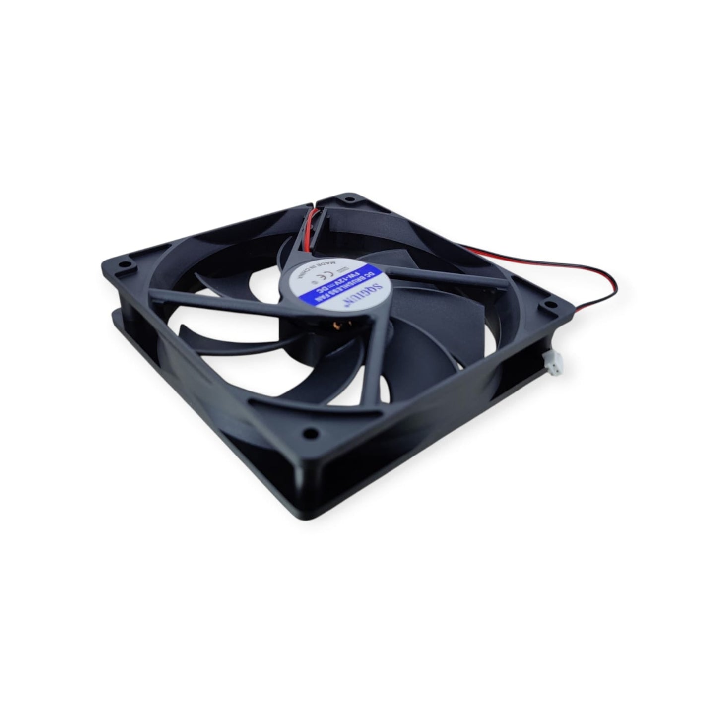 Angled view of the SQGIUN 120mm cooling fan, showing the side profile and the red and black 2-pin power connector.