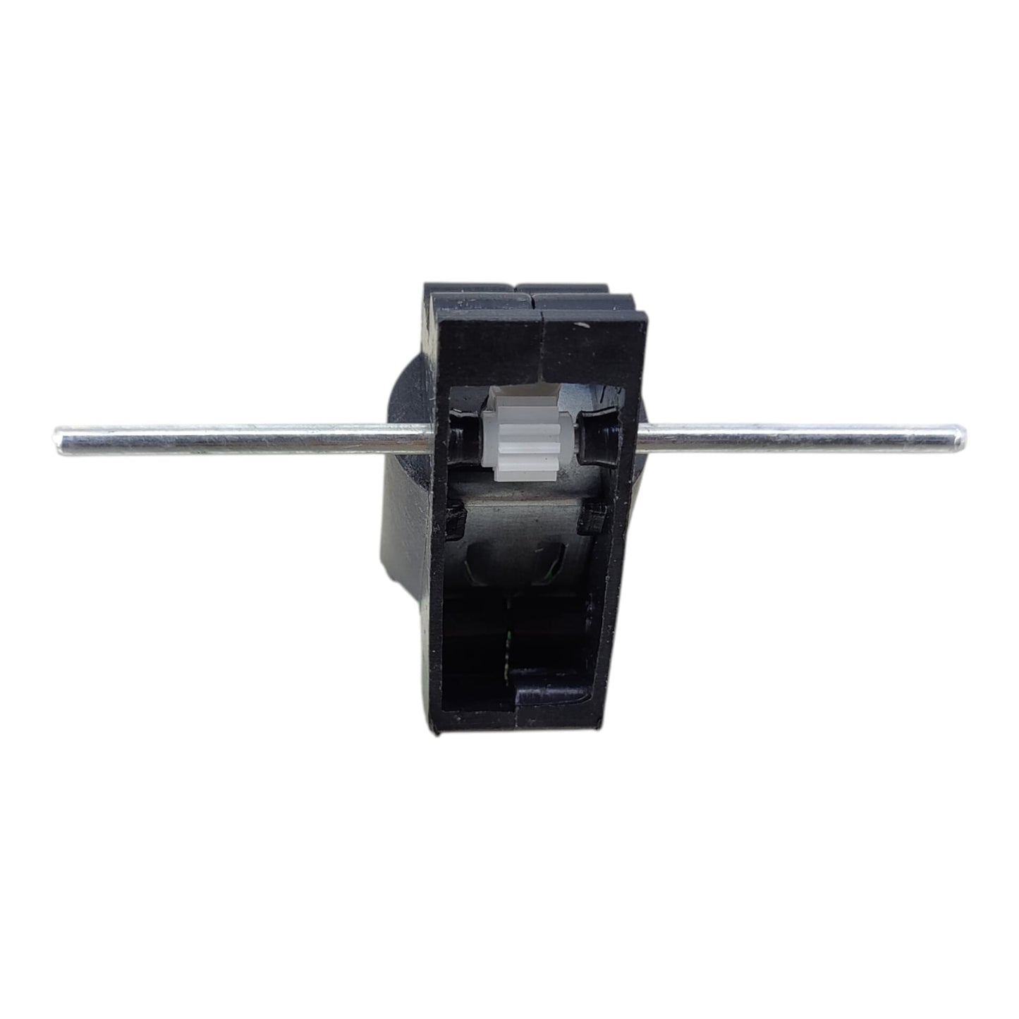 Close up of the dual 2.5mm metal shafts, perfect for attaching hobby wheels for DIY RC cars.