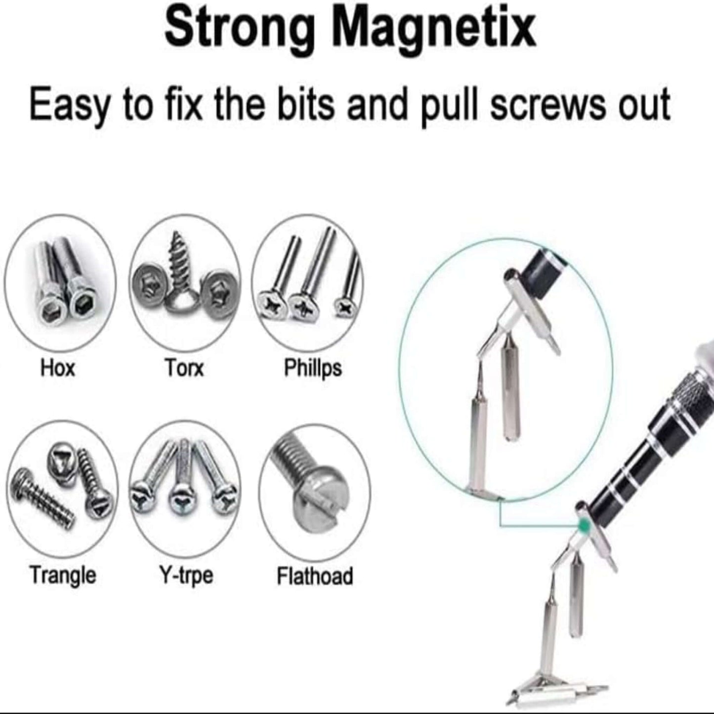 Image of a precision screwdriver set showcasing strong magnetic bits and various screwdriver heads including Torx and Phillips.