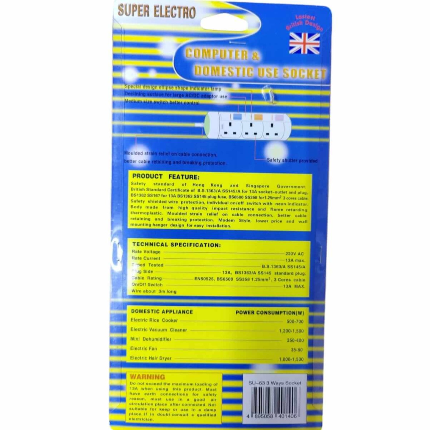 Super Electro 3/5-Socket Extension Lead packaging showcasing features and specifications for home and office use.
