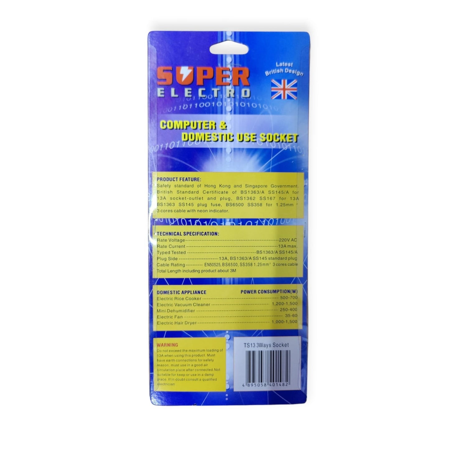 The back of the packaging for the SUPER ELECTRO extension lead, detailing its technical specifications and safety certifications.