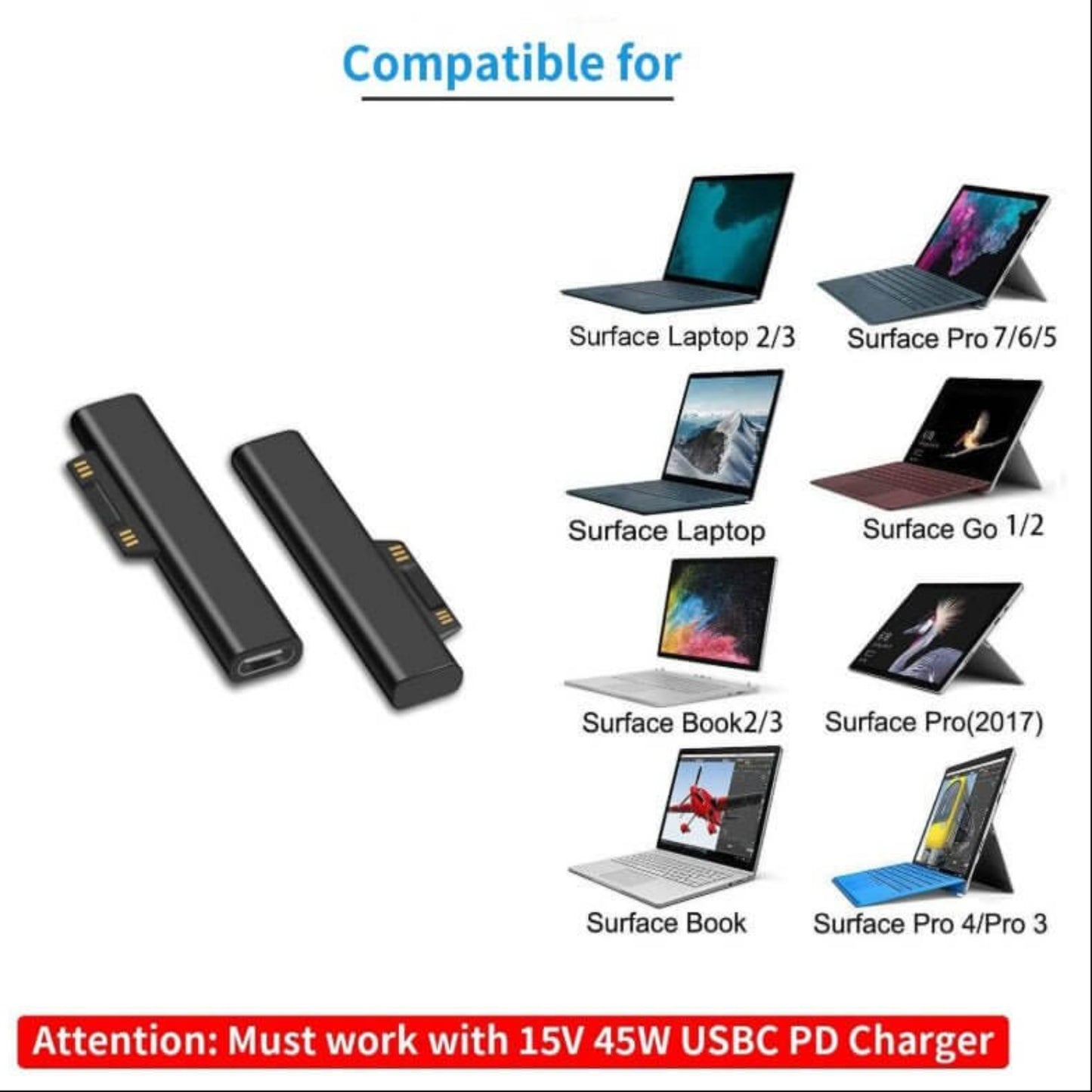 Surface Connect to USB-C Adapter for Microsoft Surface devices, compatible with Surface Laptop, Pro, Go, and Book models.