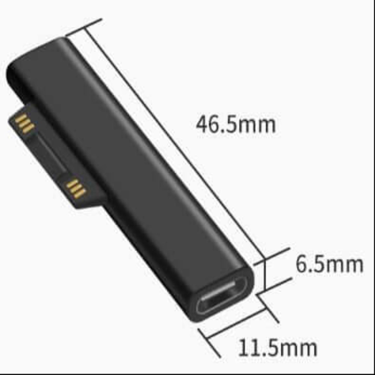 Surface Connect to USB-C Charging Adapter dimensions: 46.5mm x 11.5mm x 6.5mm, lightweight and portable accessory.