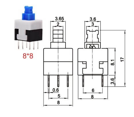 8x8mm tactile push button switch with dimensions and cap design for PCB applications.