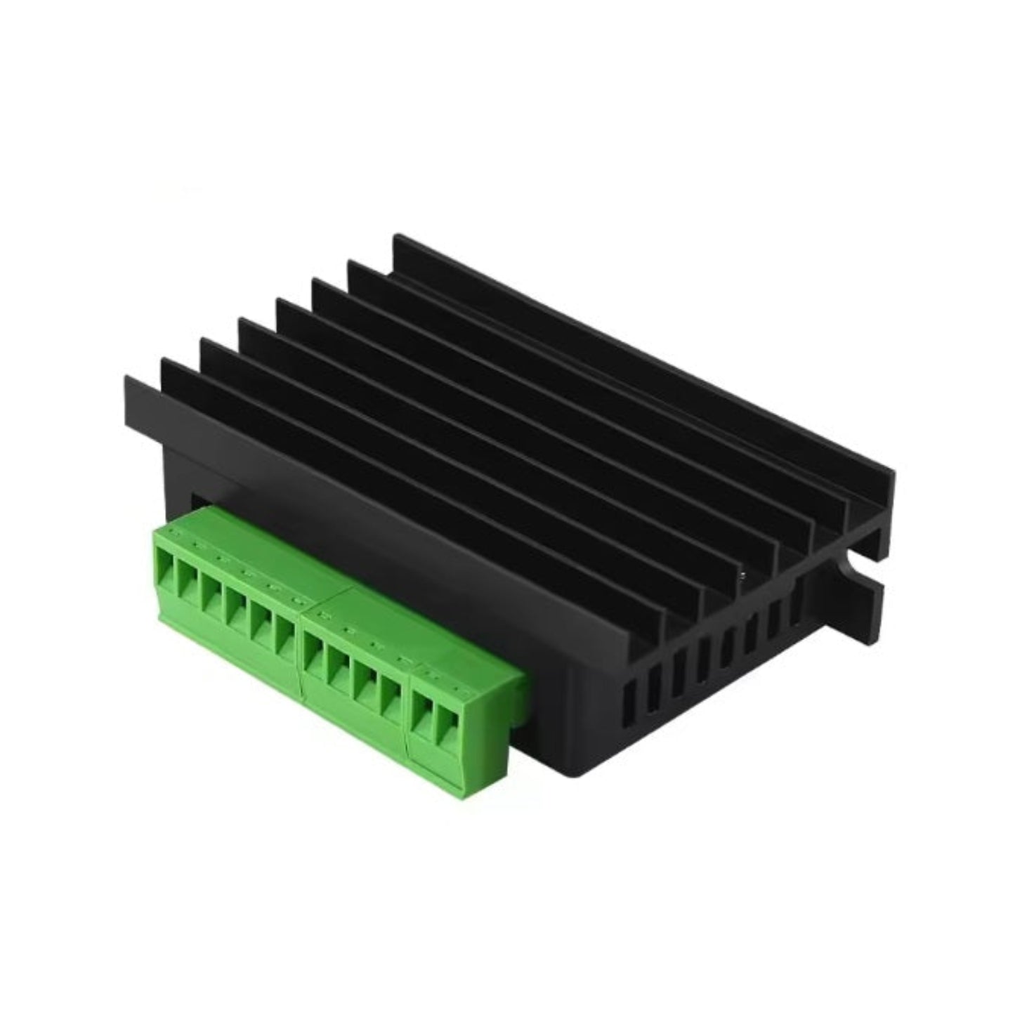 Top-down view of the TB6600 stepper motor driver showcasing the large black aluminum heatsink for effective thermal management.