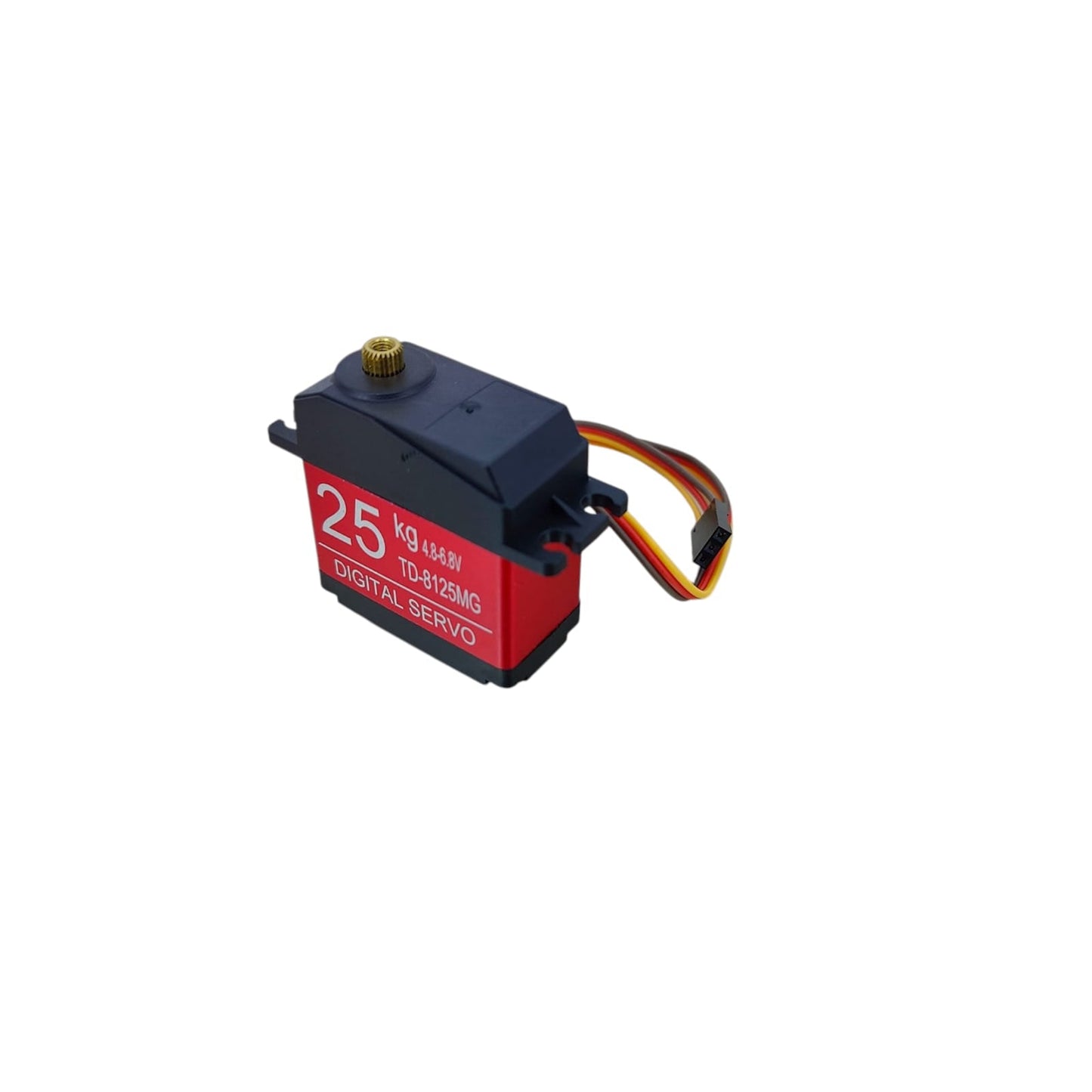 Angle view of the TD-8125MG 25kg digital servo showcasing its brass output shaft and durable casing.