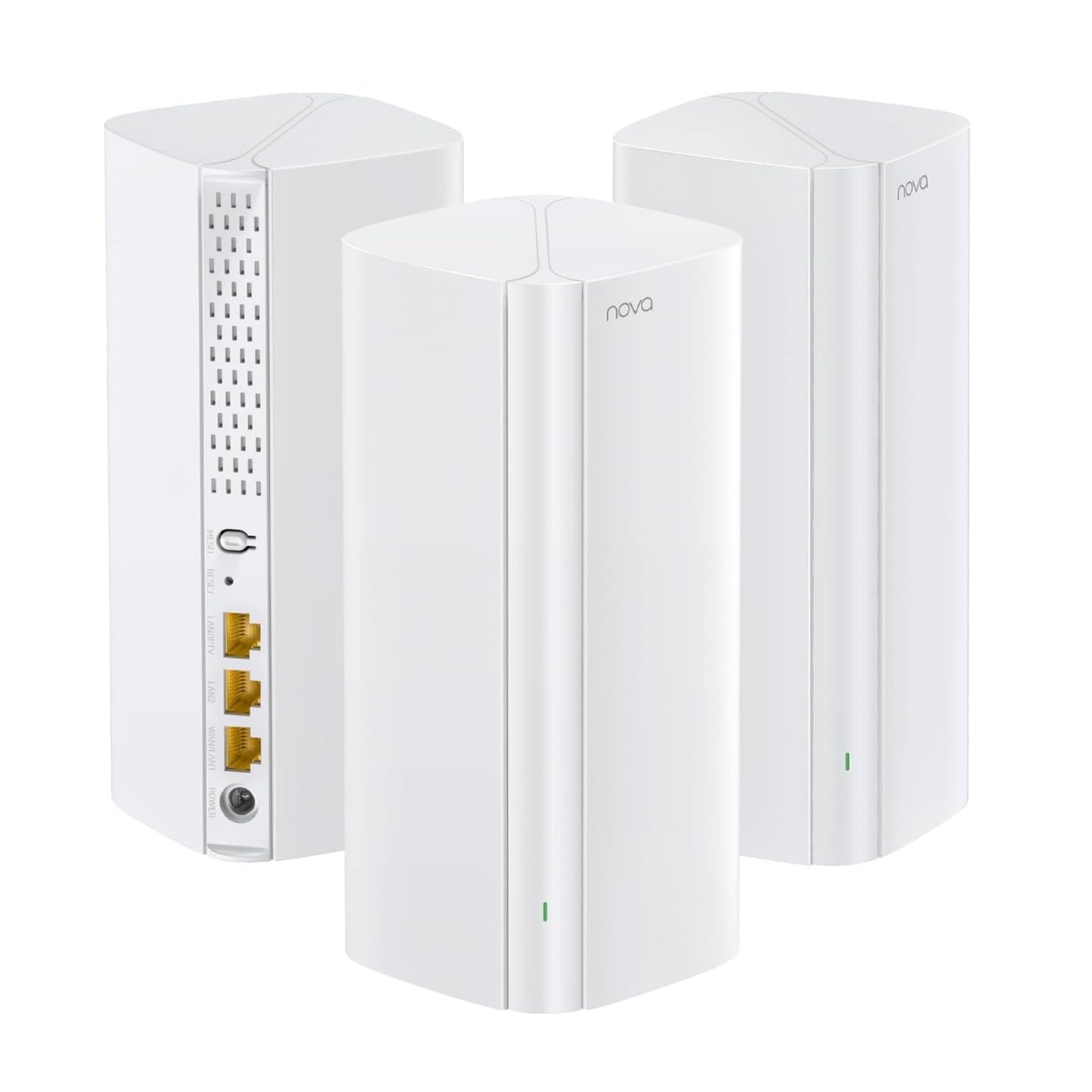 Tenda Nova MX12 AX3000 WiFi 6 Mesh System 3-Pack showing front and back ports