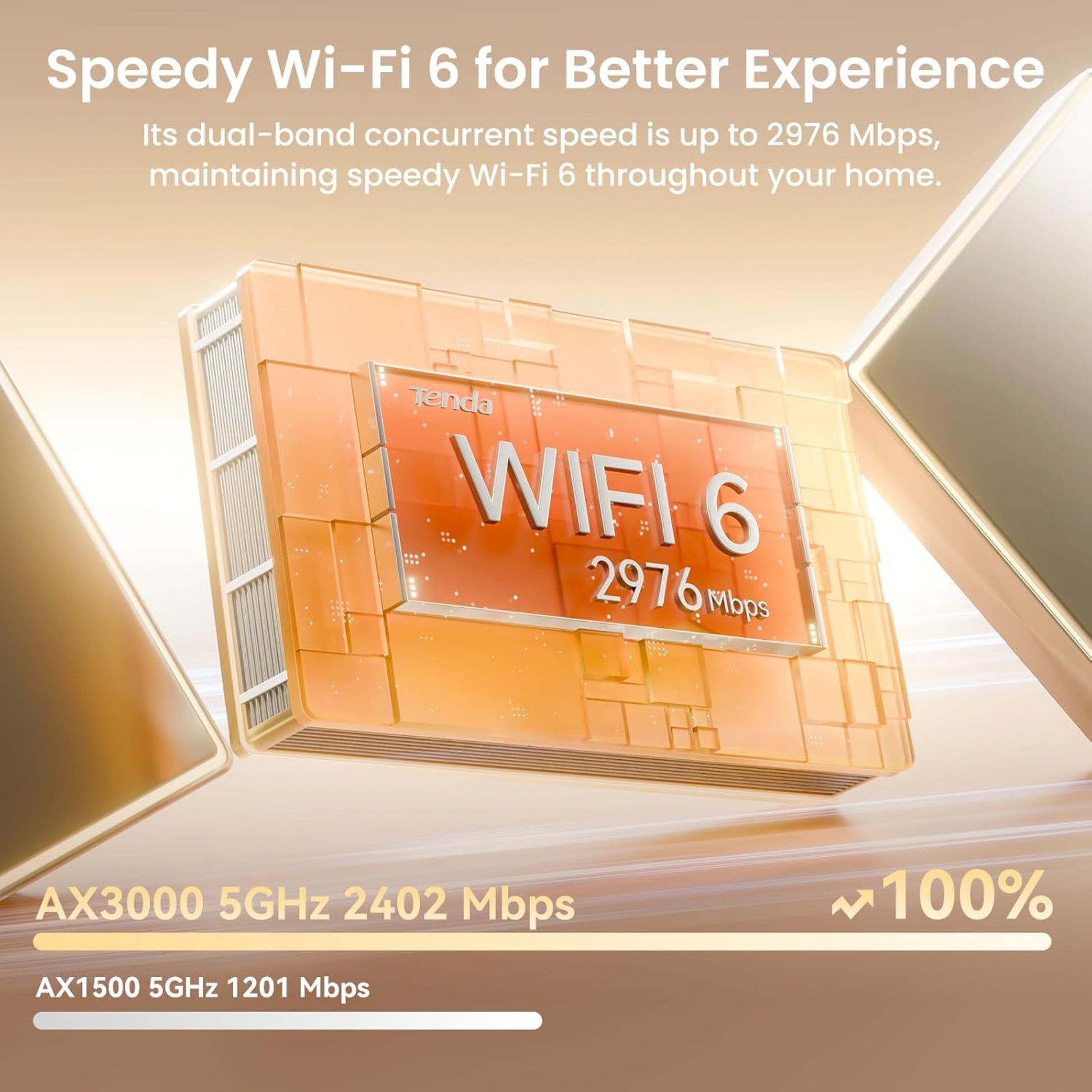 Graphic showing Tenda WiFi 6 speedy experience with AX3000 speeds up to 2976 Mbps