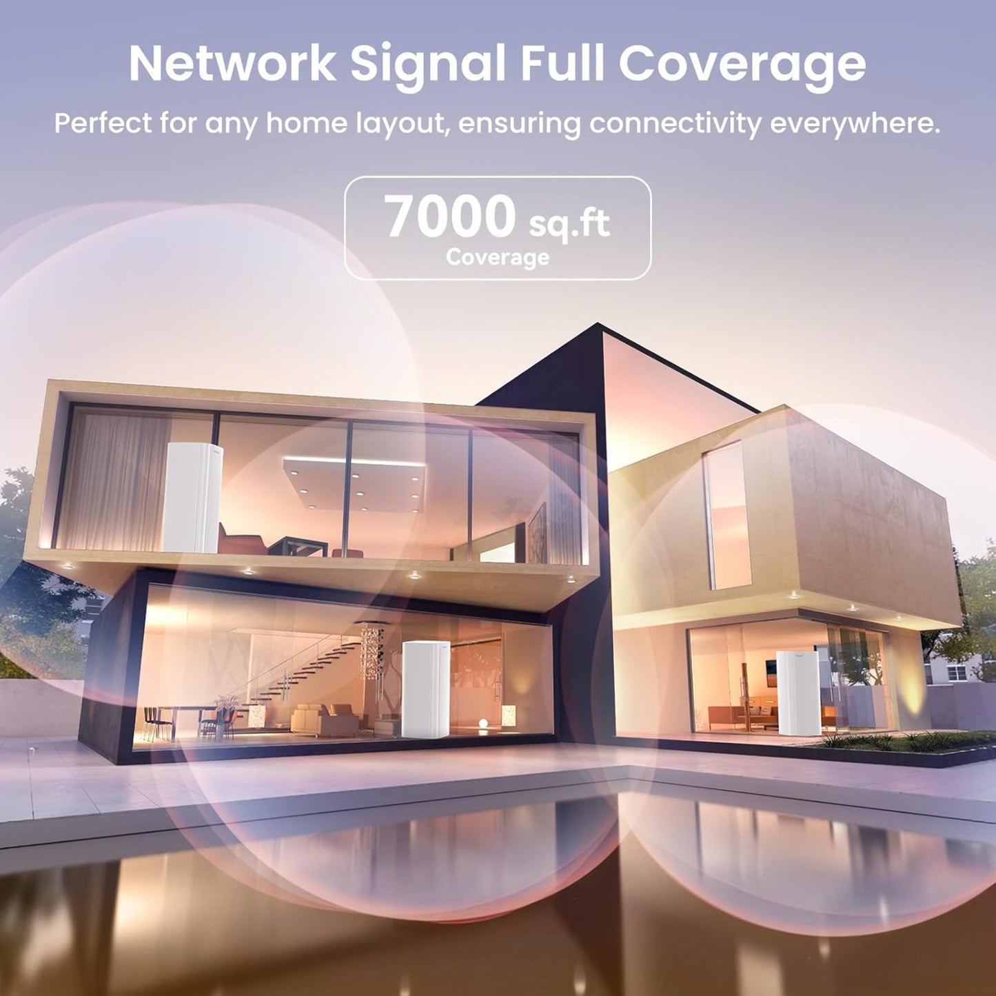 Tenda mesh system providing 7000 sq ft Wi-Fi coverage for a large, modern multi-story home