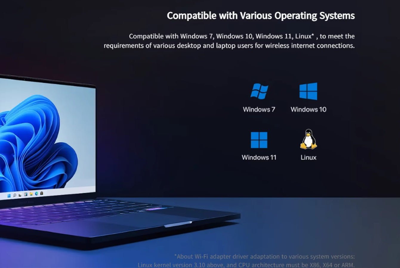Tenda AX900 USB adapter compatibility with Windows 7, 10, 11, and Linux for wireless internet connections.