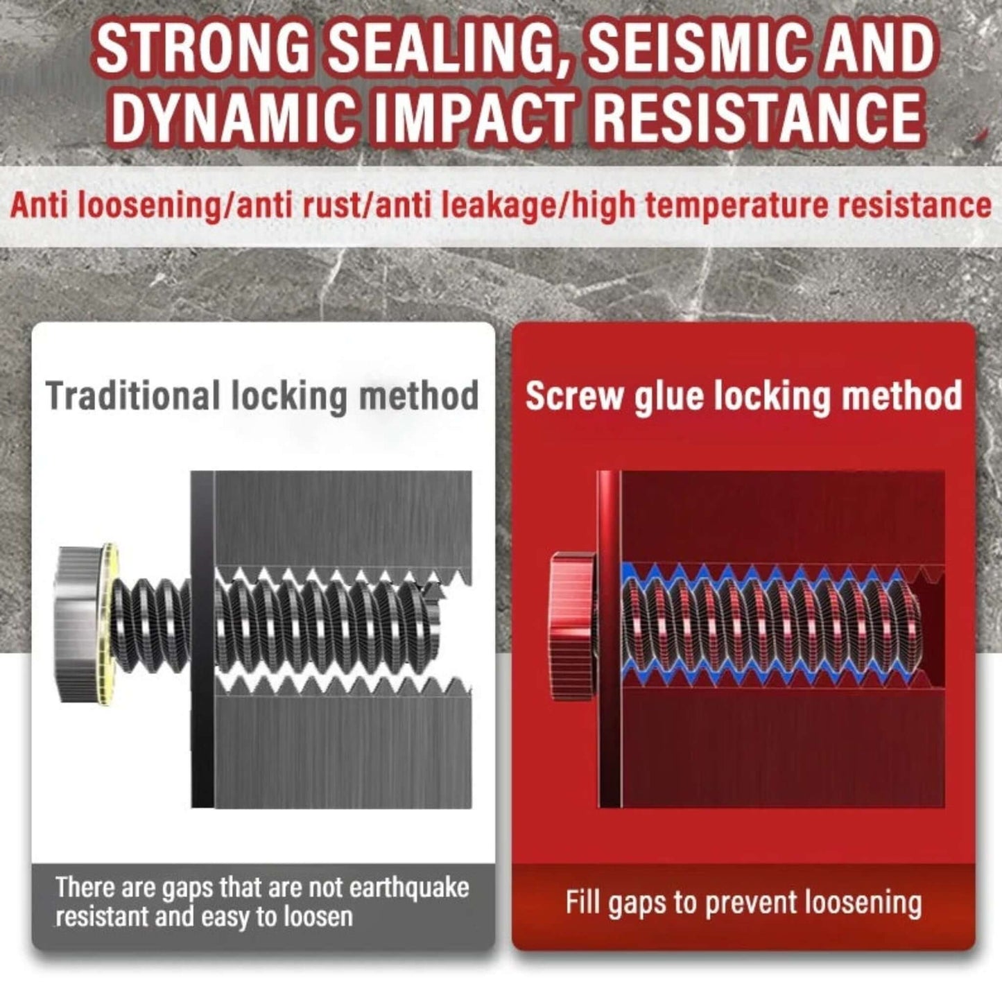 Comparison between loose screws and those secured with screw glue filling the gaps.