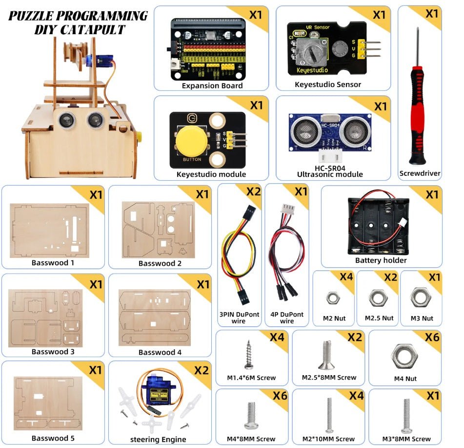Micro:bit Thrower Learning Kit components including sensors, boards, and assembly tools for STEM education.