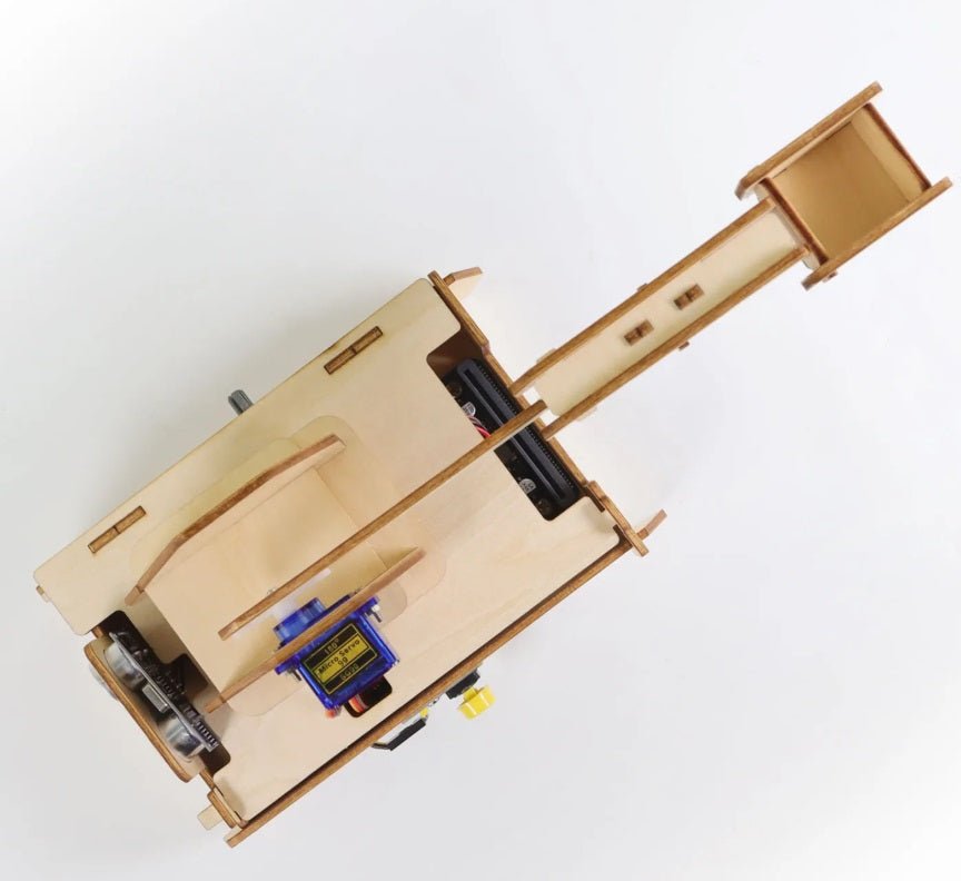 Top view of Keyestudio KS0807 Micro:bit stone thrower learning kit for STEM education, featuring wooden construction and easy assembly.