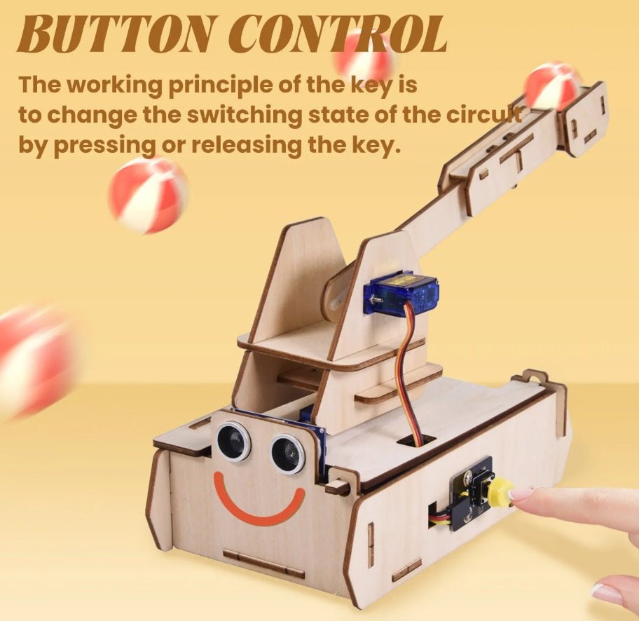 Micro:bit Thrower Leaning Kit demonstrating button control for stone throwing, highlighting easy assembly and creativity.