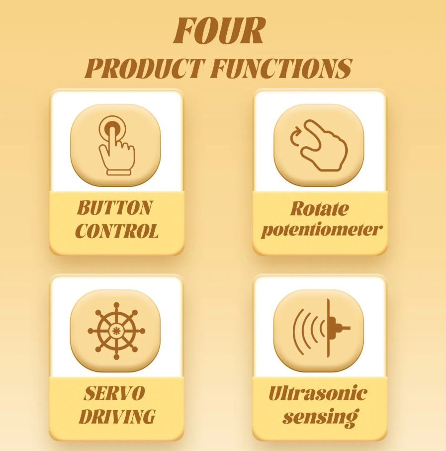 Four functions of the Micro:bit Thrower Kit: button control, rotate potentiometer, servo driving, ultrasonic sensing.