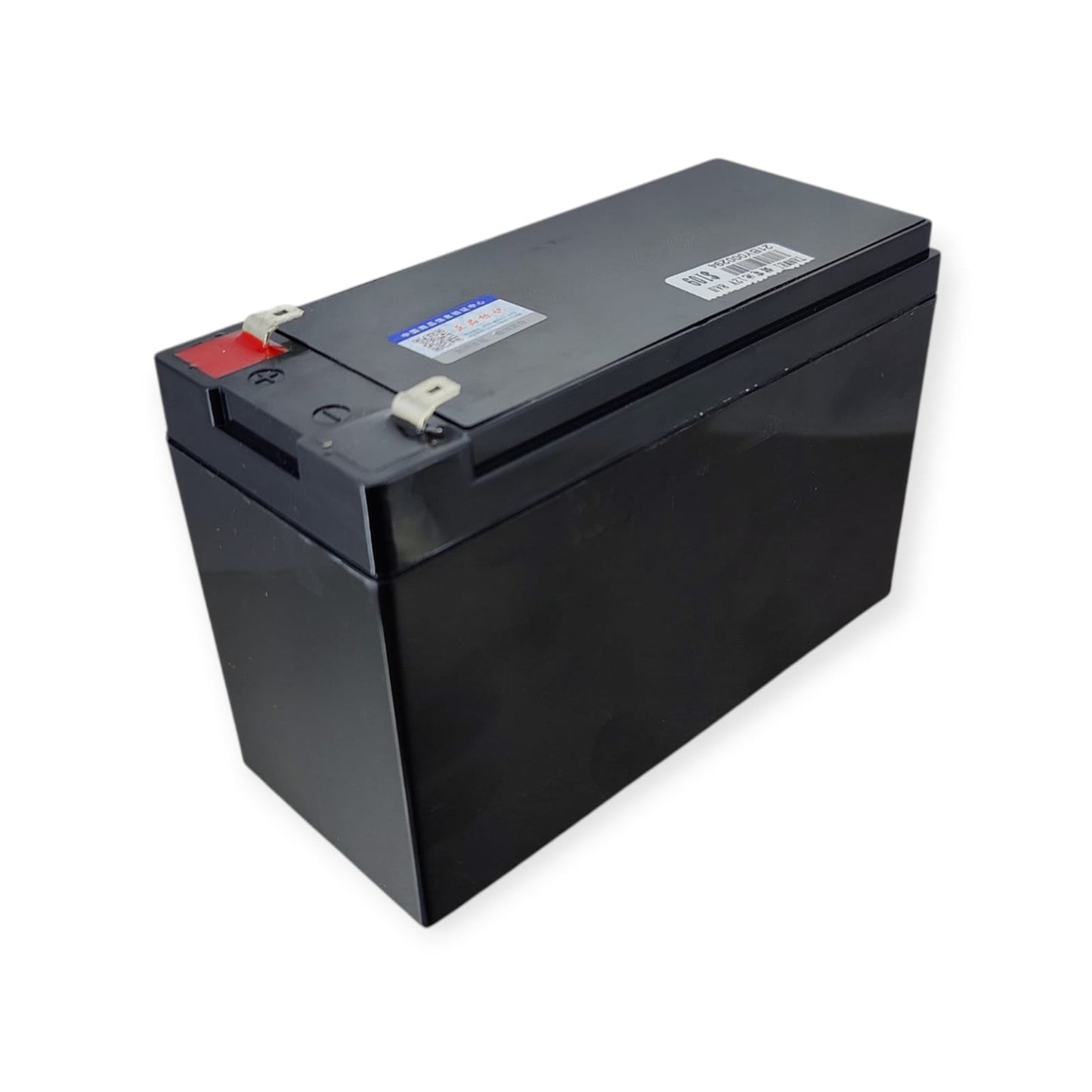 Black Tianwei 12V 8AH rechargeable battery, front angle, showing compact design and positive/negative terminals.