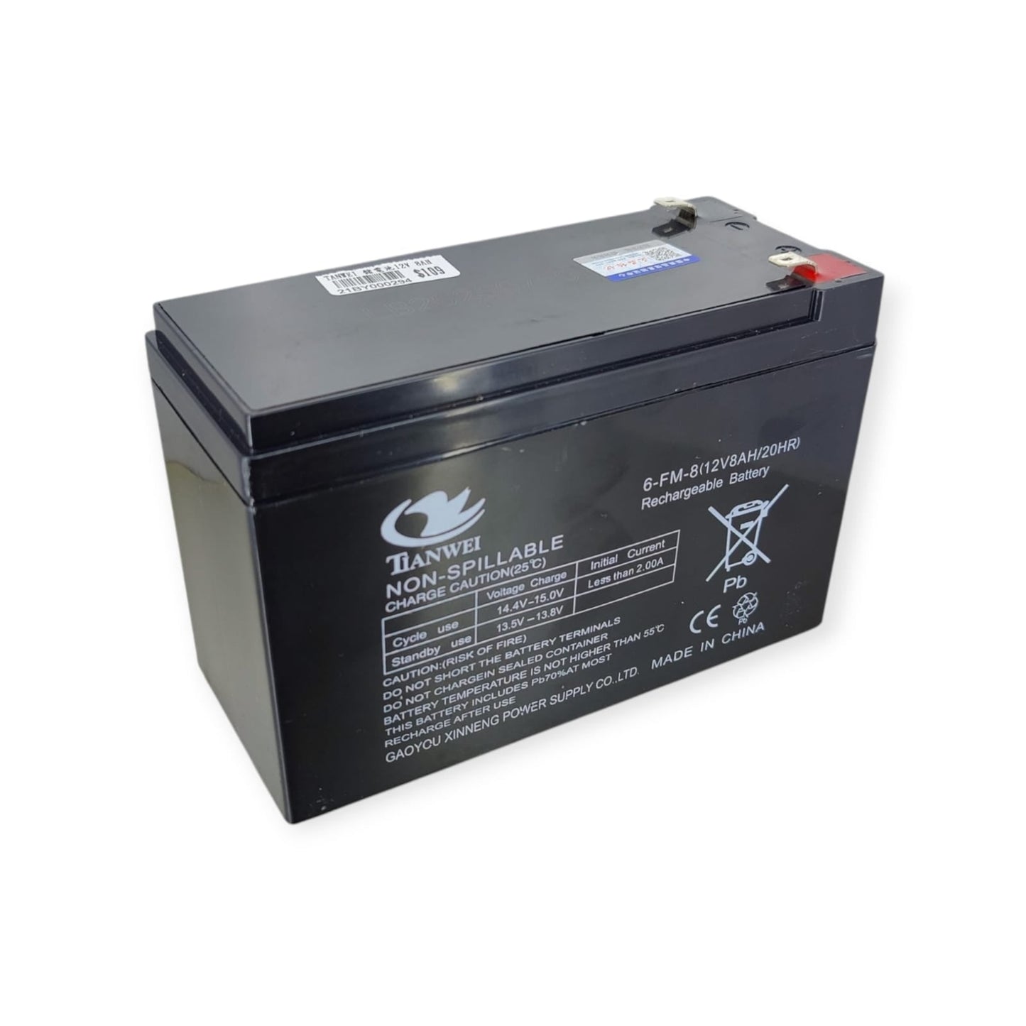Tianwei 12V 8AH sealed lead-acid battery with specification label, including charge voltage & warnings.