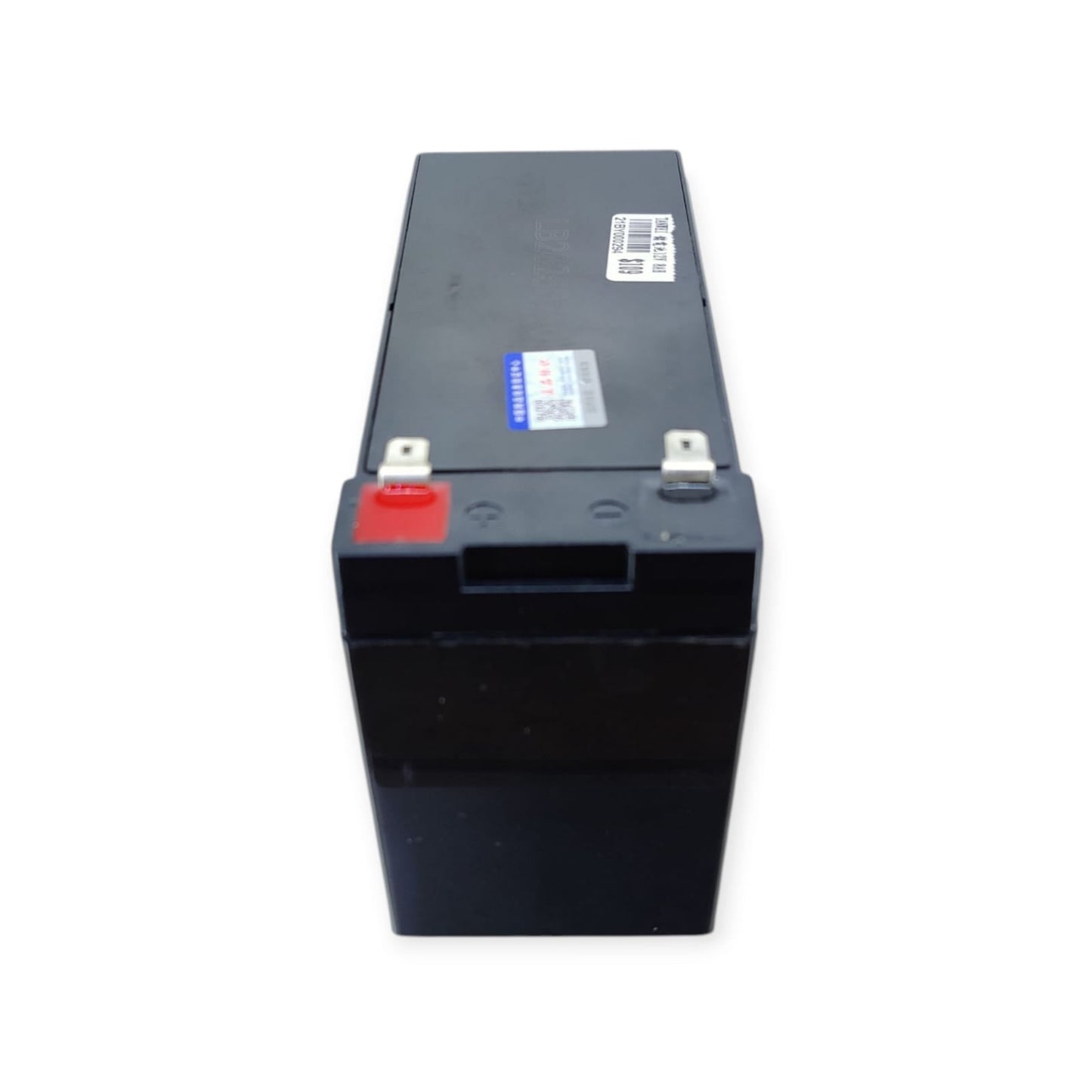 Top view of Tianwei 12V 8AH rechargeable battery, clearly showing labels and connection terminals.