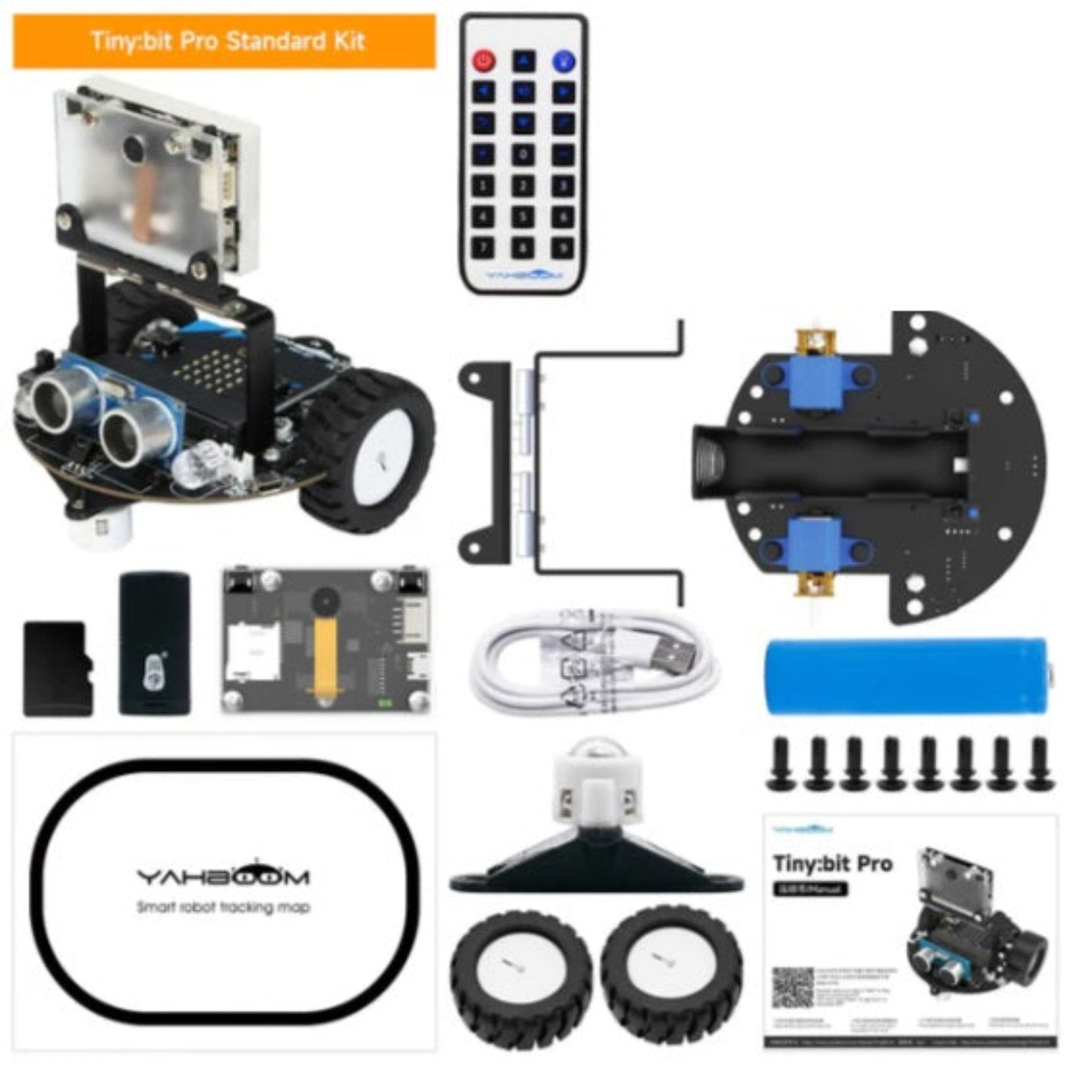 What's in the box: Tiny:bit Pro standard kit contents including car, K210 module, remote, battery, and map.