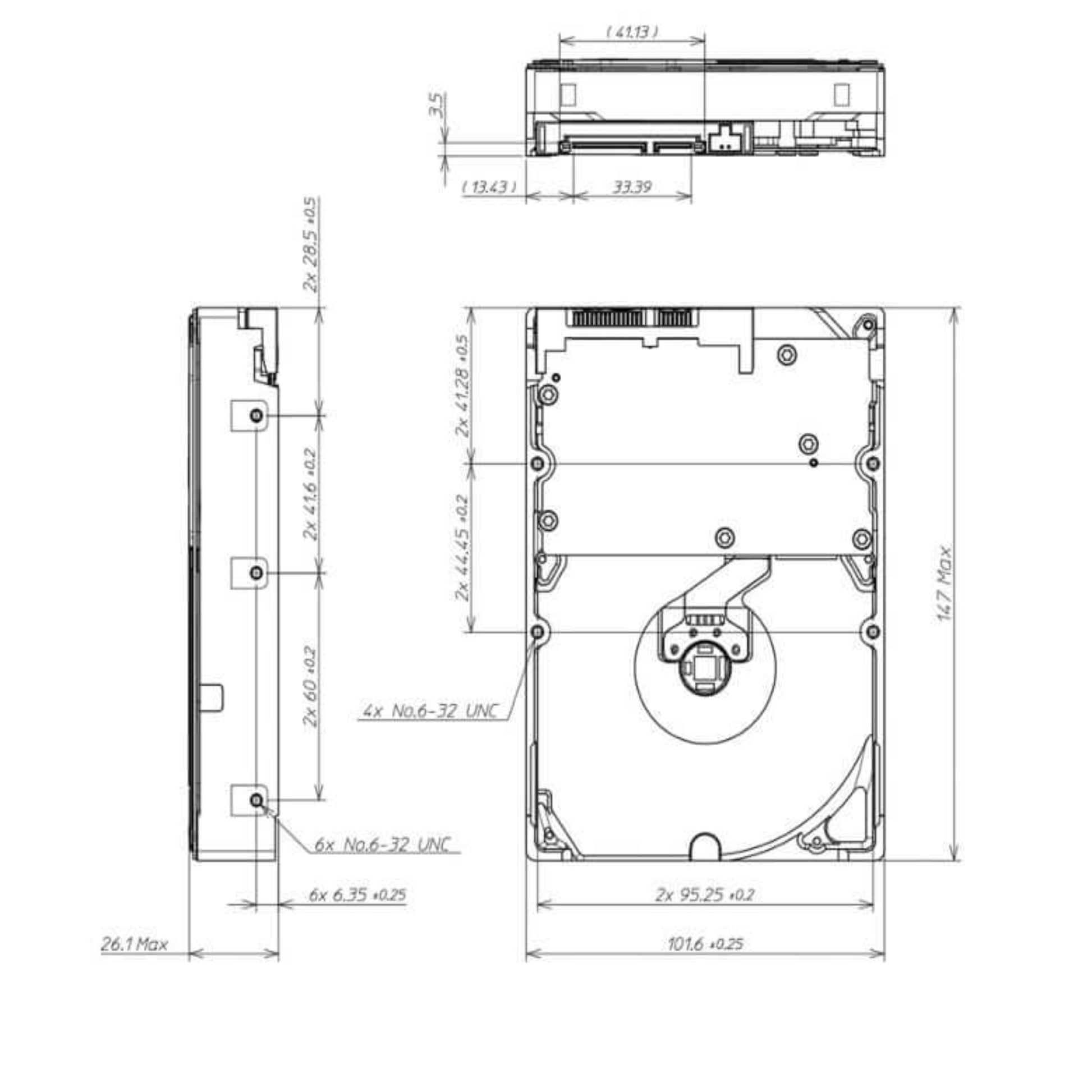 Technical drawing of the Toshiba DT02-V series surveillance hard drive dimensions.