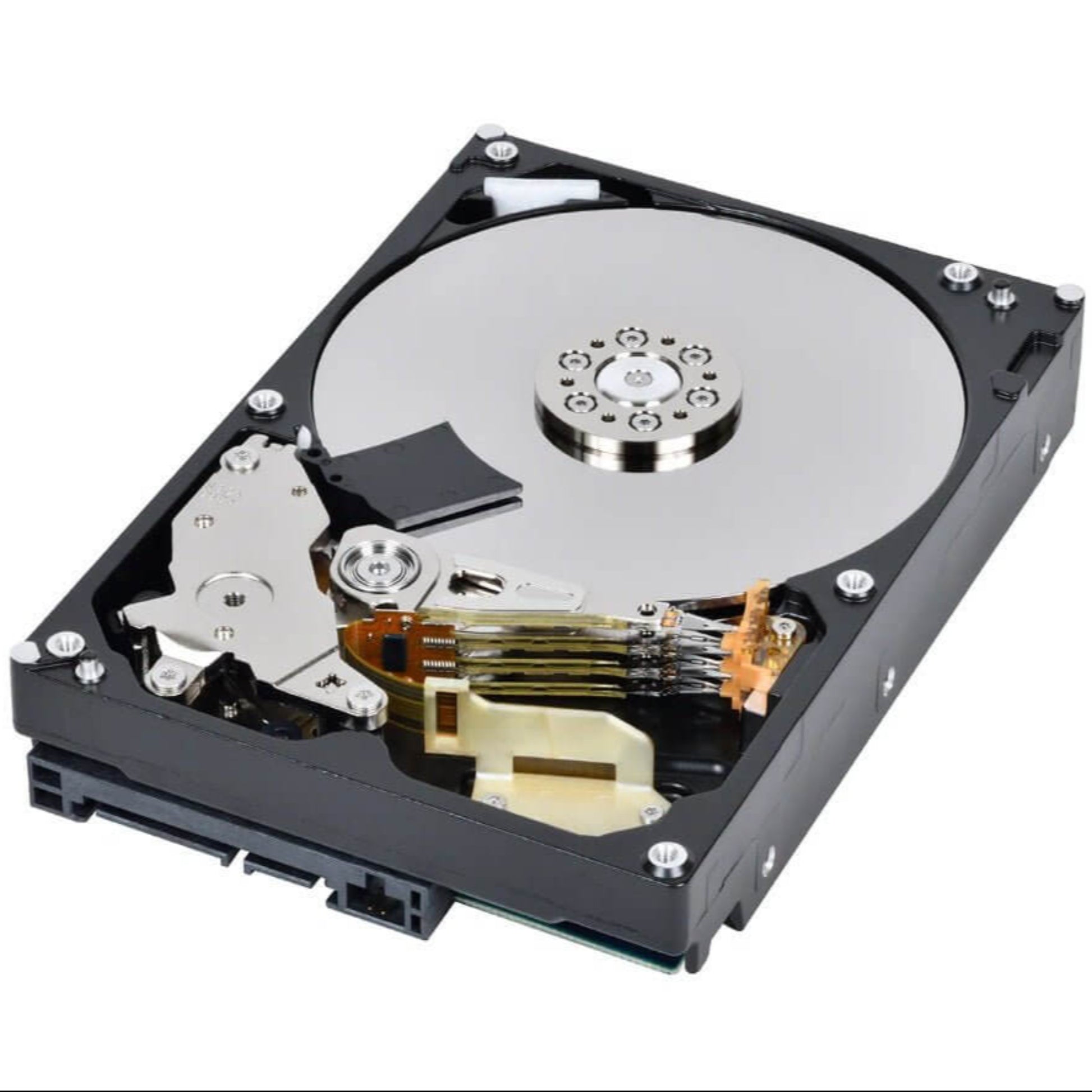 Toshiba DT02-V series 3.5-inch surveillance hard drive showcasing internal components and design.