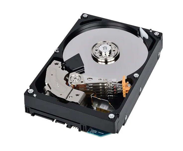 Toshiba enterprise hard drive showcasing internal components, designed for high-capacity data storage solutions.