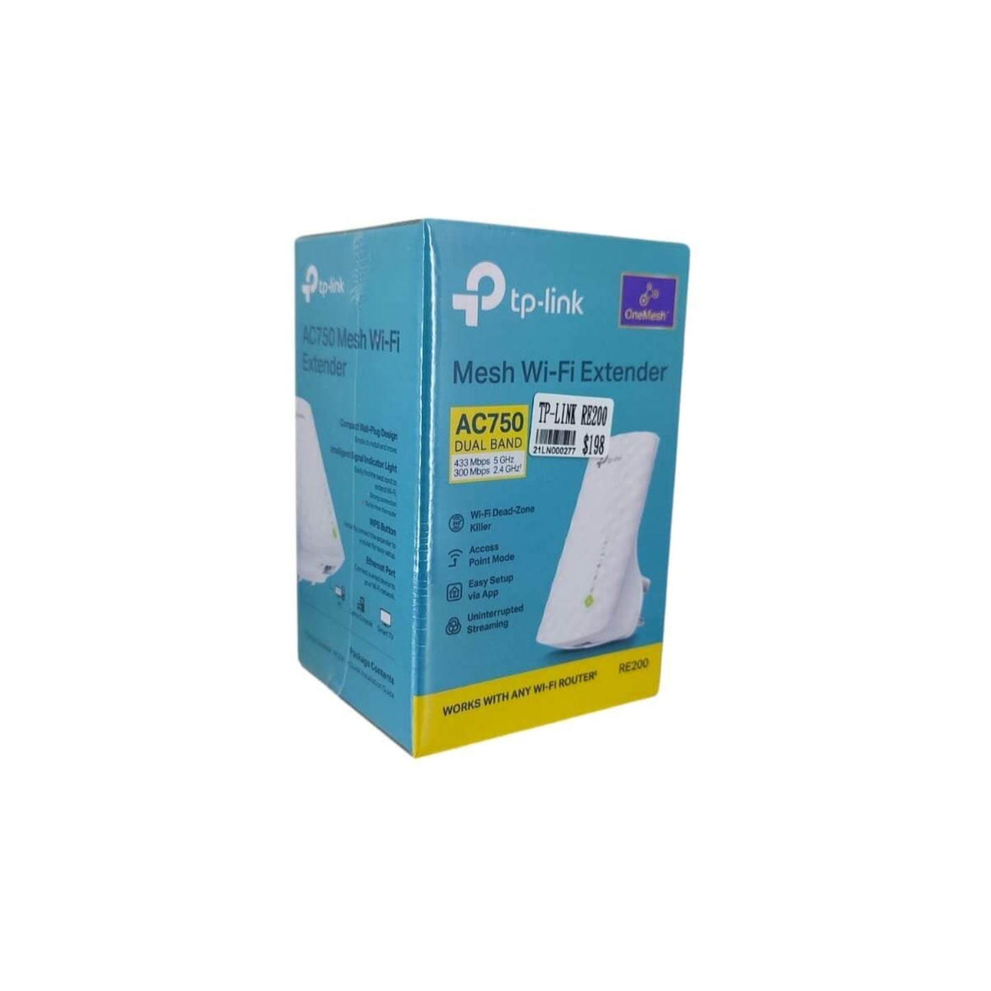 TP-Link RE200 AC750 Dual-Band Wi-Fi Range Extender packaging, designed for seamless connectivity and boosted Wi-Fi coverage.