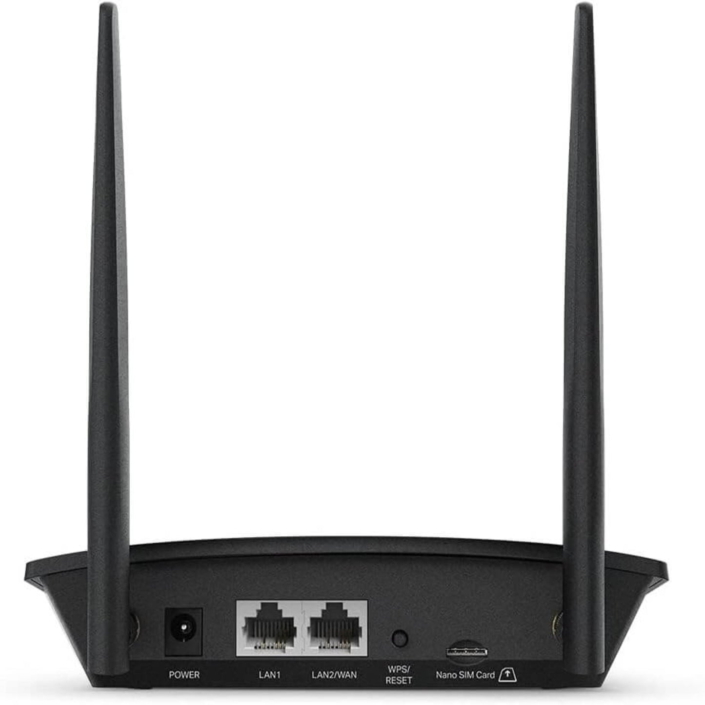 Back view of TP-Link TL-MR100 4G LTE Wi-Fi Router showing ports and antennas for high-speed internet access.
