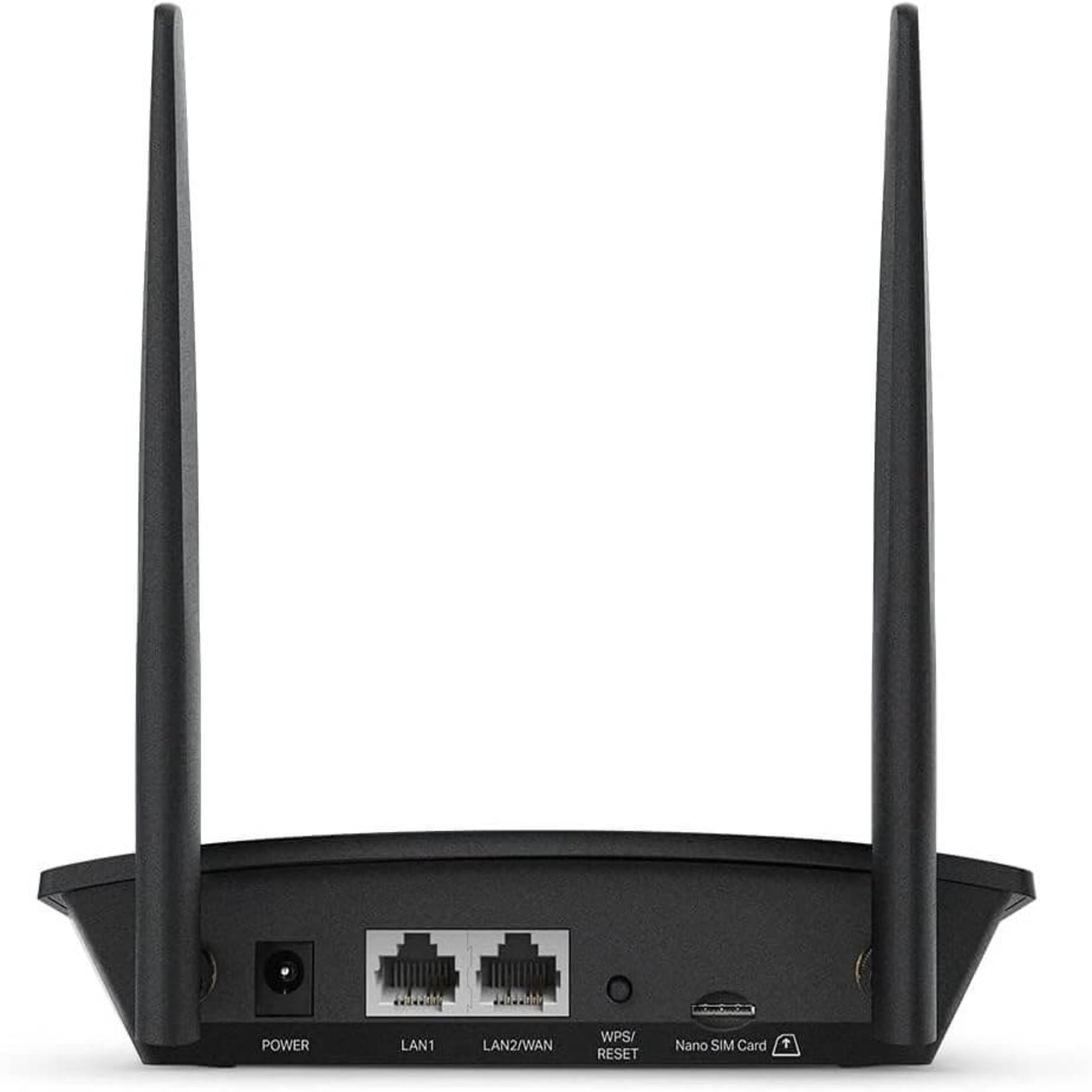 Back view of TP-Link TL-MR100 4G LTE Wi-Fi Router showing ports and antennas for high-speed internet access.