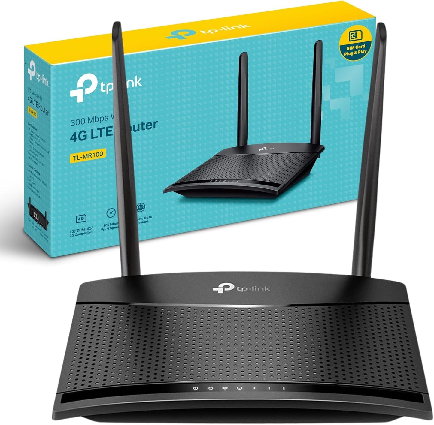 TP-Link MR100 router and box showing 4G LTE SIM slot