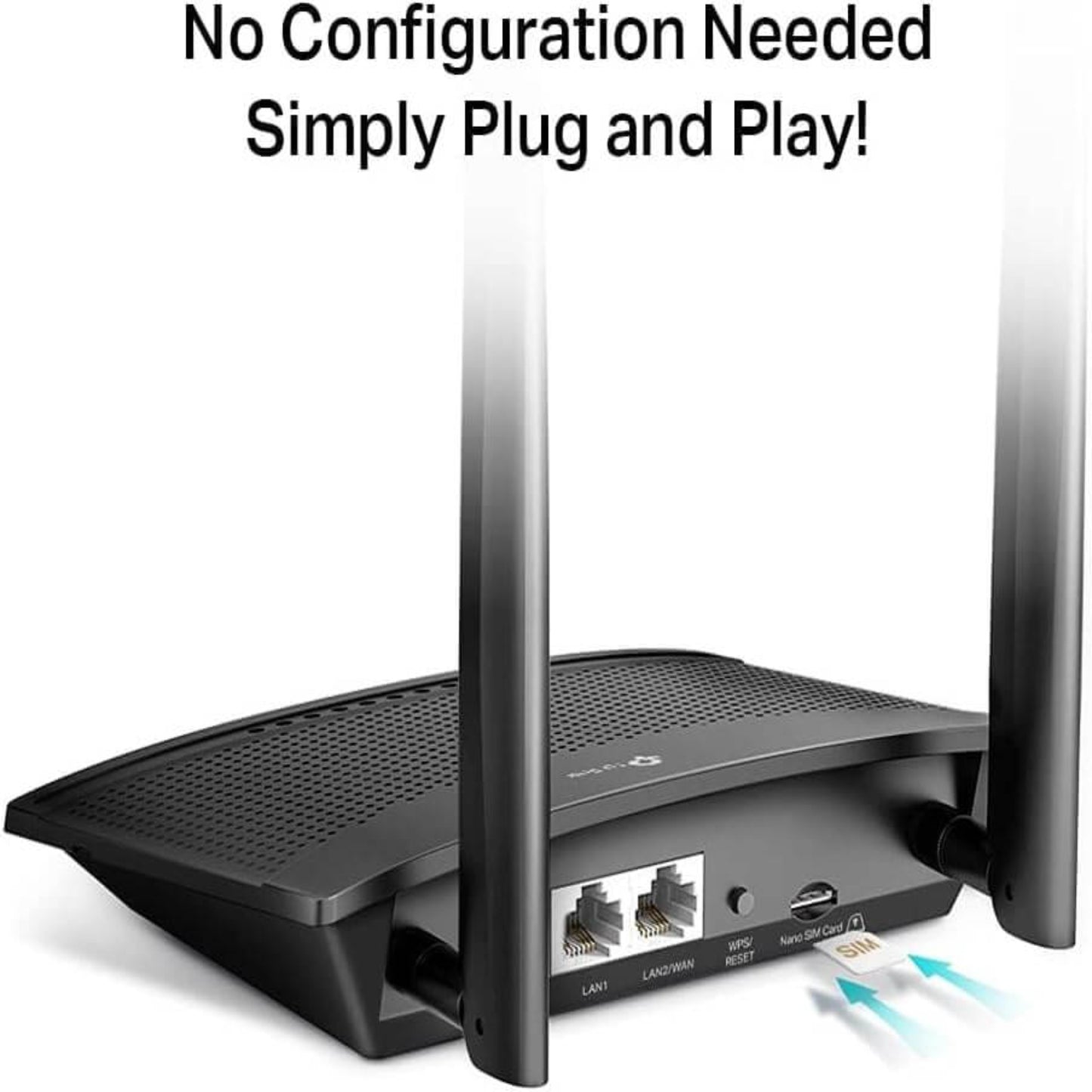TP-Link TL-MR100 4G LTE Wi-Fi Router back view showcasing easy plug-and-play setup with no configuration required.