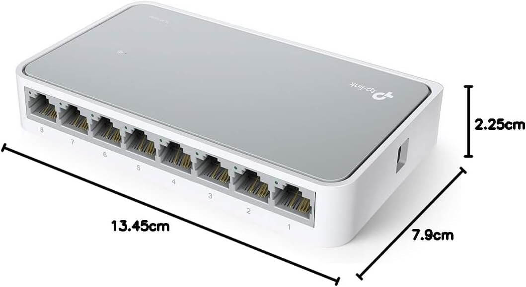 TP-Link TL-SF1008D 8-Port 10/100Mbps Ethernet Switch with dimensions and ports visible.