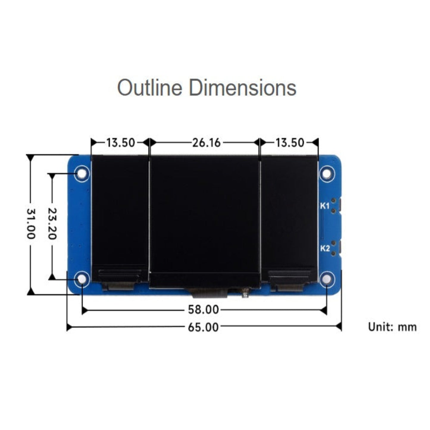 Outline dimensions diagram showing the 65mm by 31mm compact size of the Triple LCD HAT.