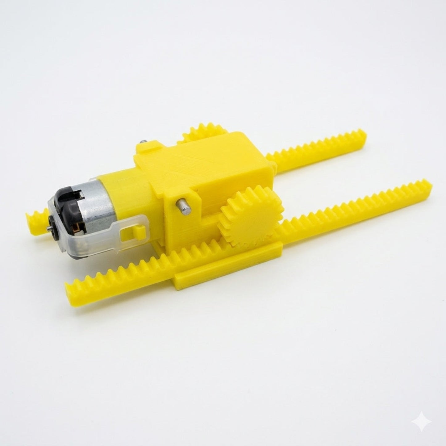 Assembled yellow TT motor rack and pinion linear actuator kit showing gear alignment.