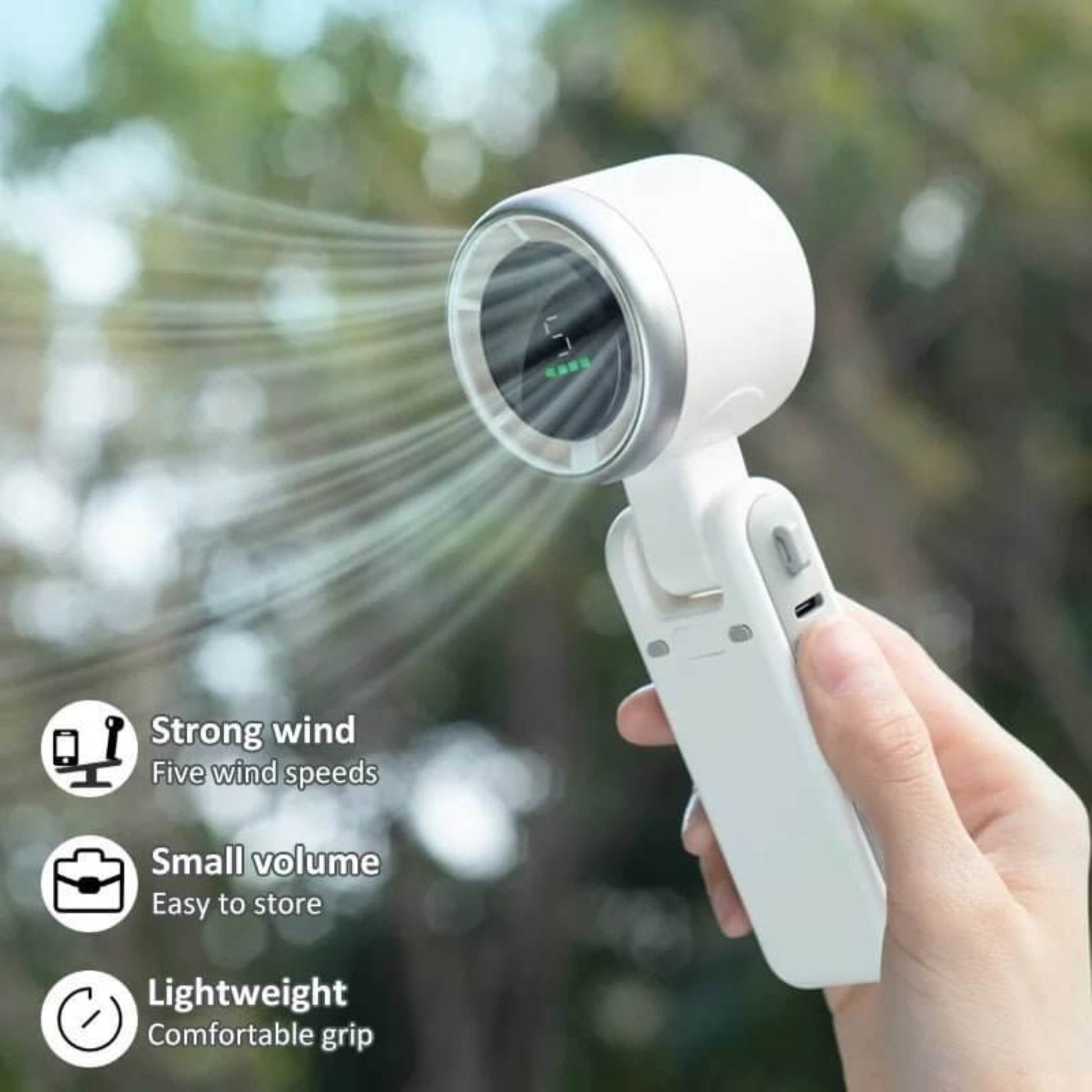 Handheld portable turbo fan features: Strong wind, five speeds, small volume, and lightweight grip.