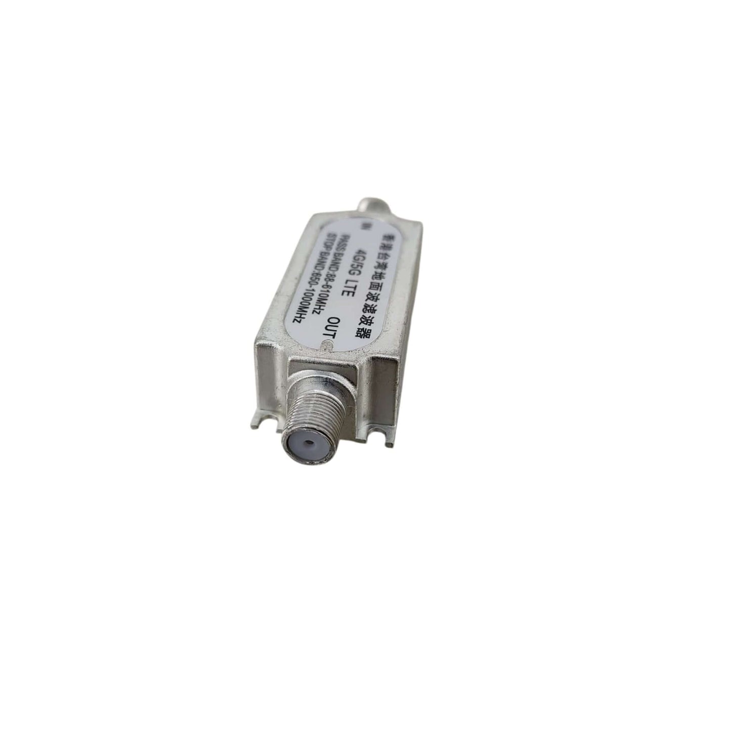 Close-up shot of the 'OUT' F-type connector port on the 4G/5G LTE television signal filter.