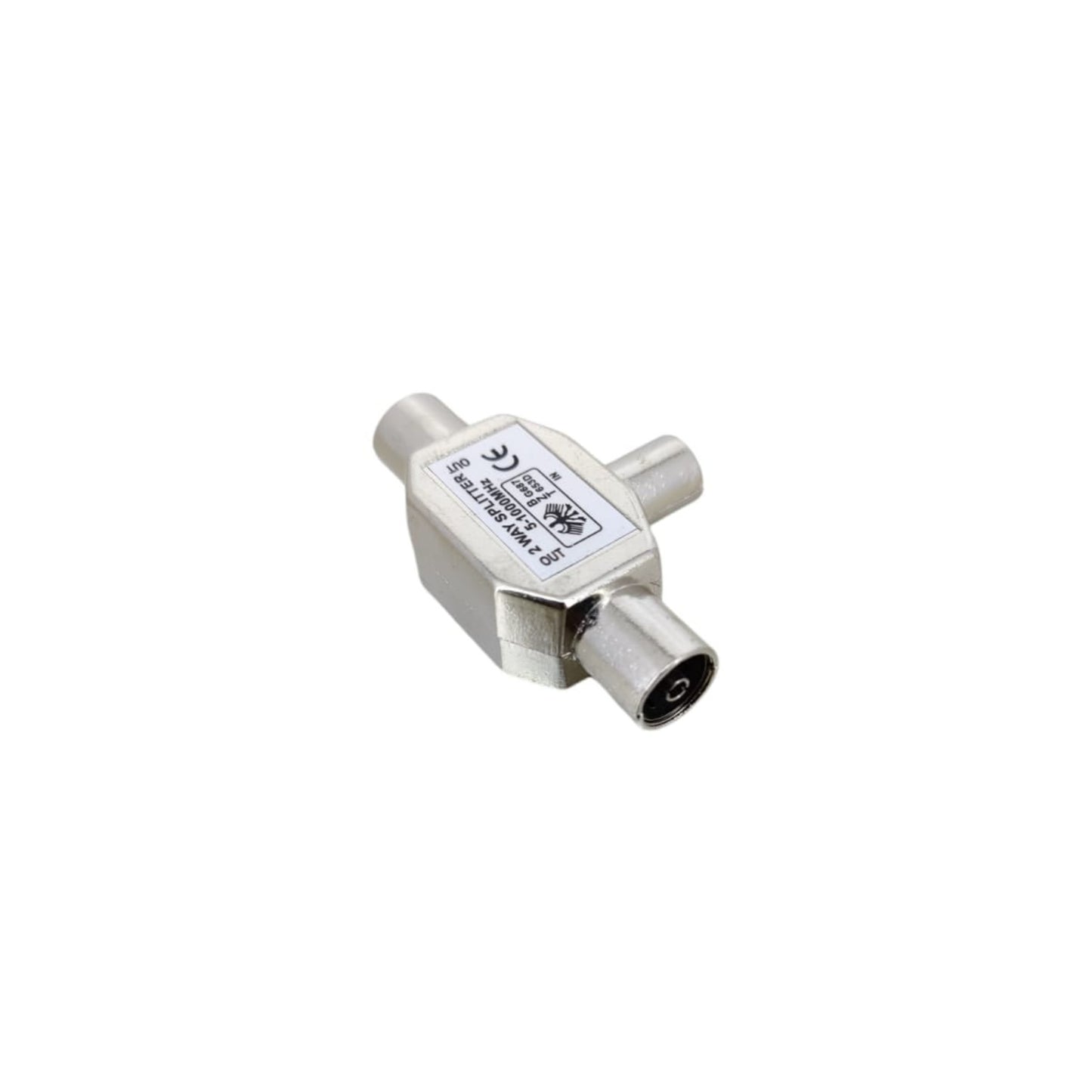 T Shape TV splitter adapter with one male and two female connectors for coaxial antennas.