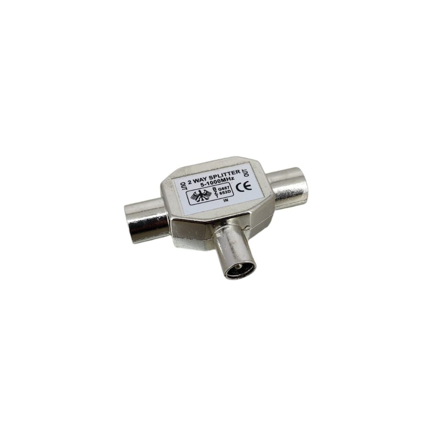 TV splitter adapter 1 male to 2 female coaxial antenna connector with durable silver housing.