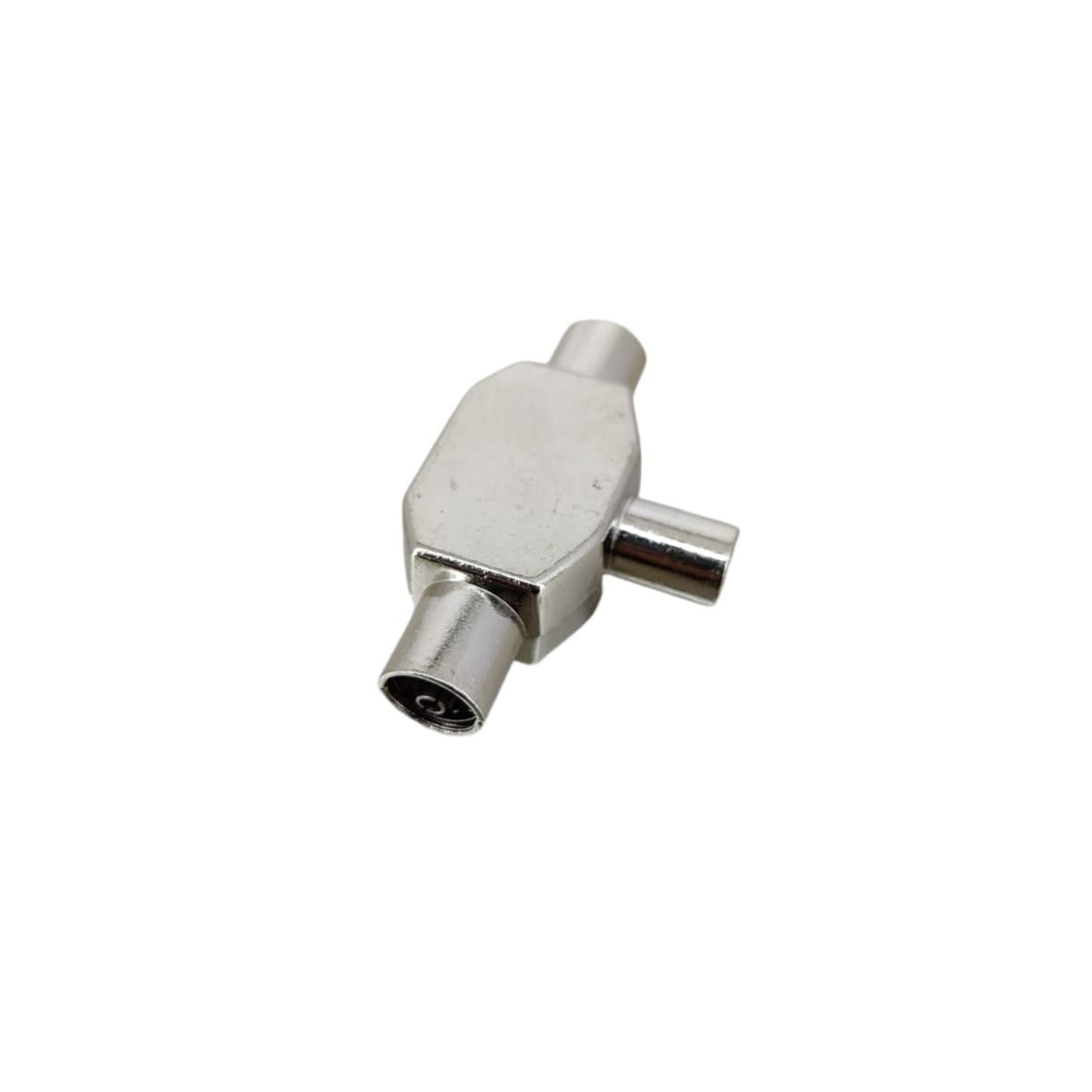 TV splitter adapter with one male and two female connectors for coaxial antenna signal distribution.